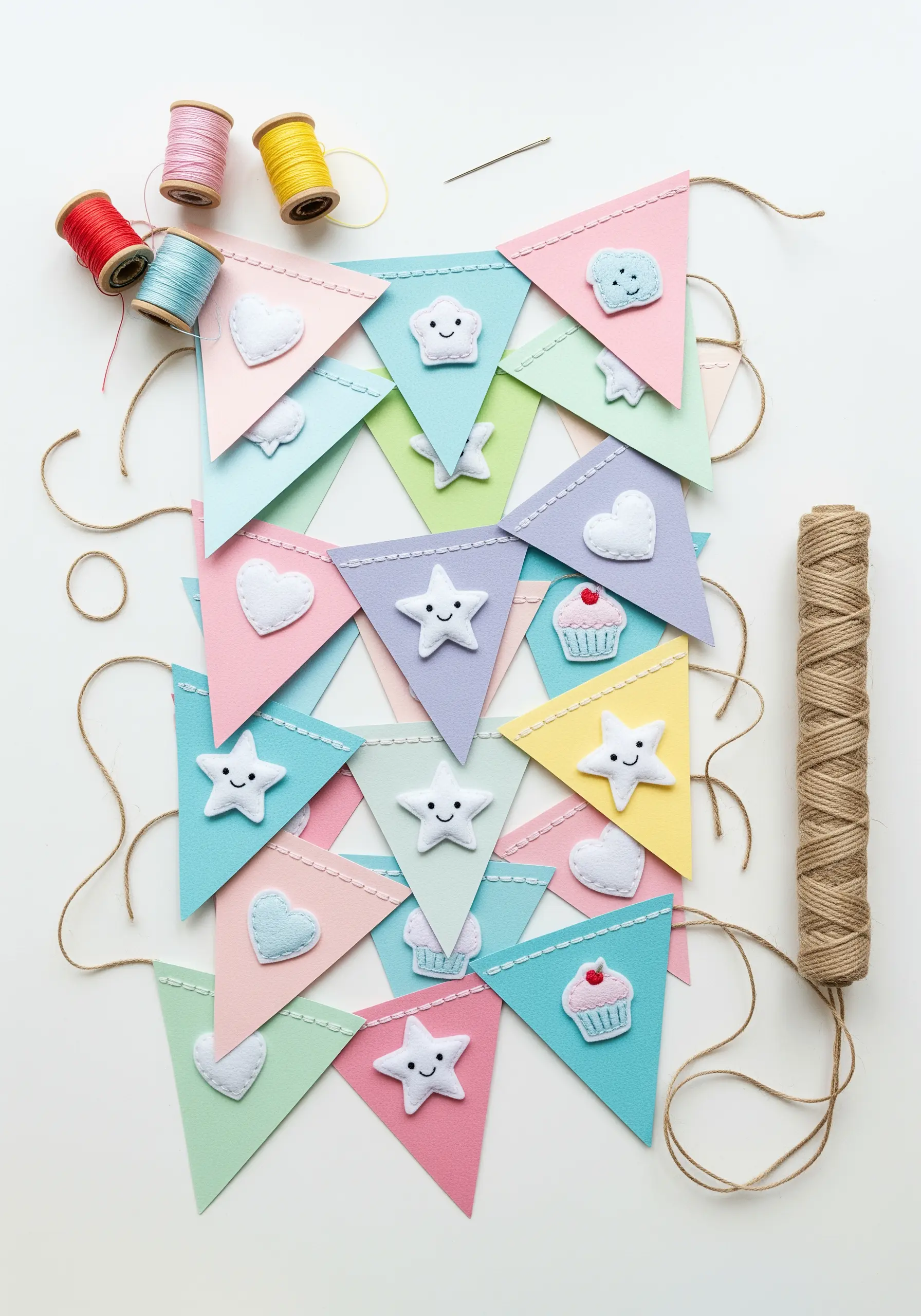 Colorful paper bunting flags decorated with small, hand-stitched puffy felt shapes like stars and clouds.