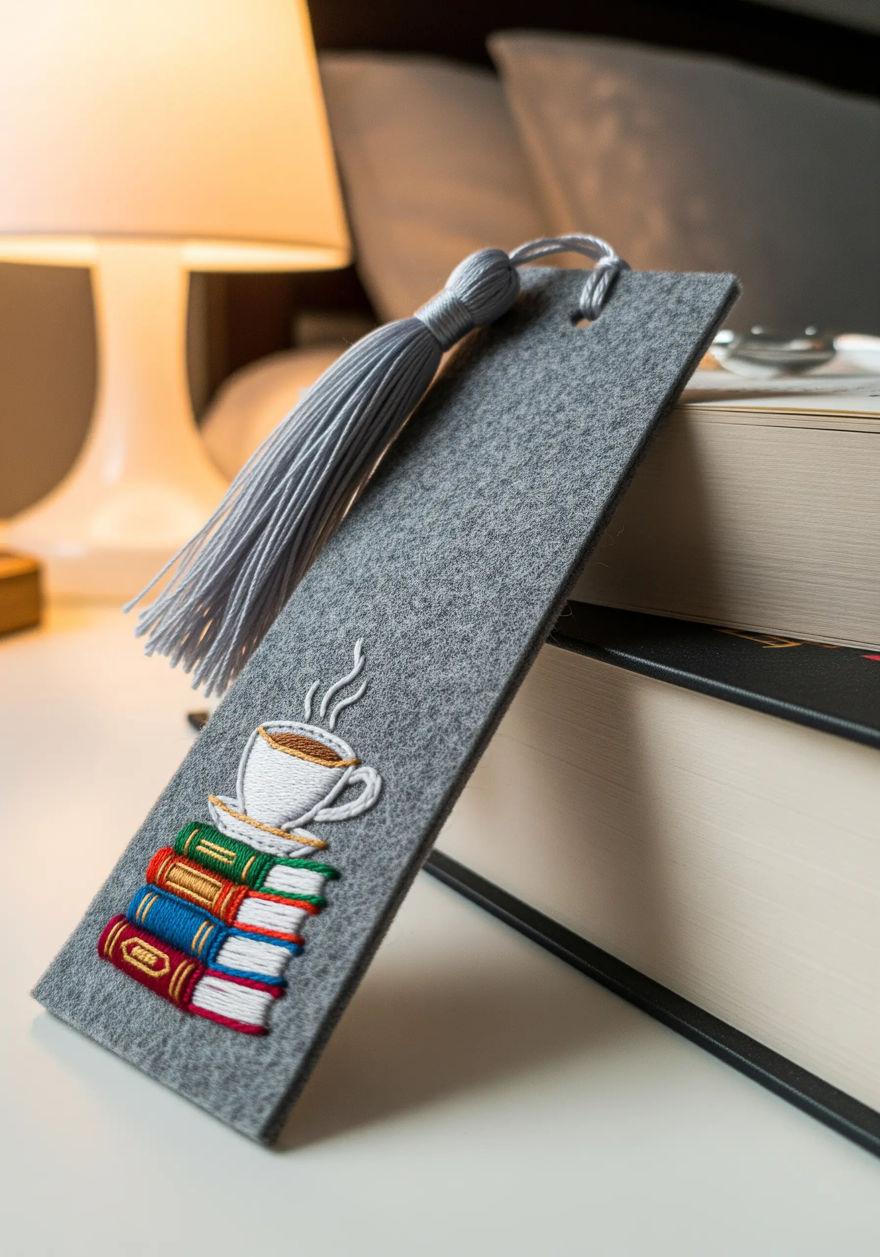 Embroidered stack of books and a coffee cup on a gray felt bookmark.