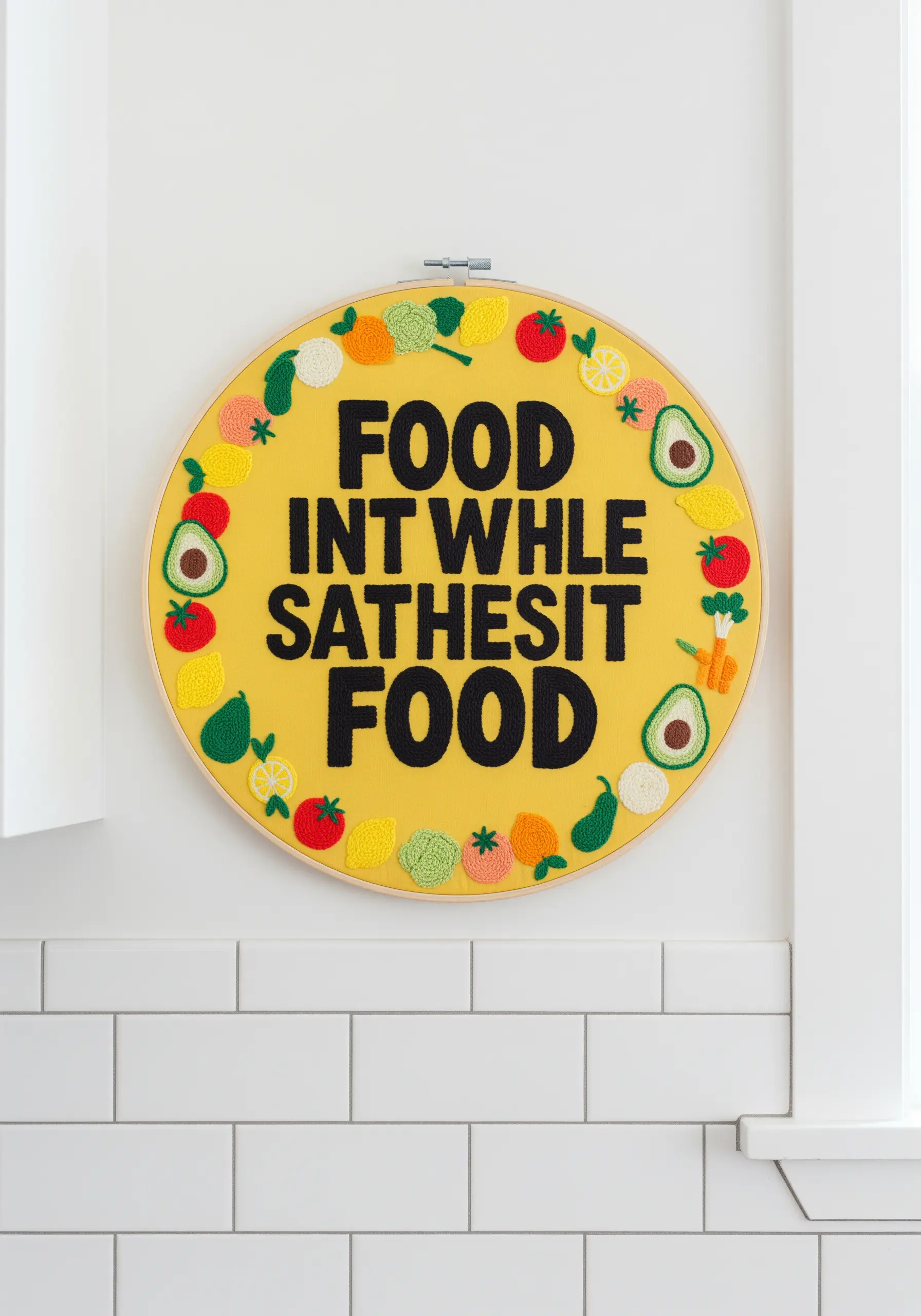 A vibrant food-themed embroidery hoop with bold, black, three-dimensional lettering.