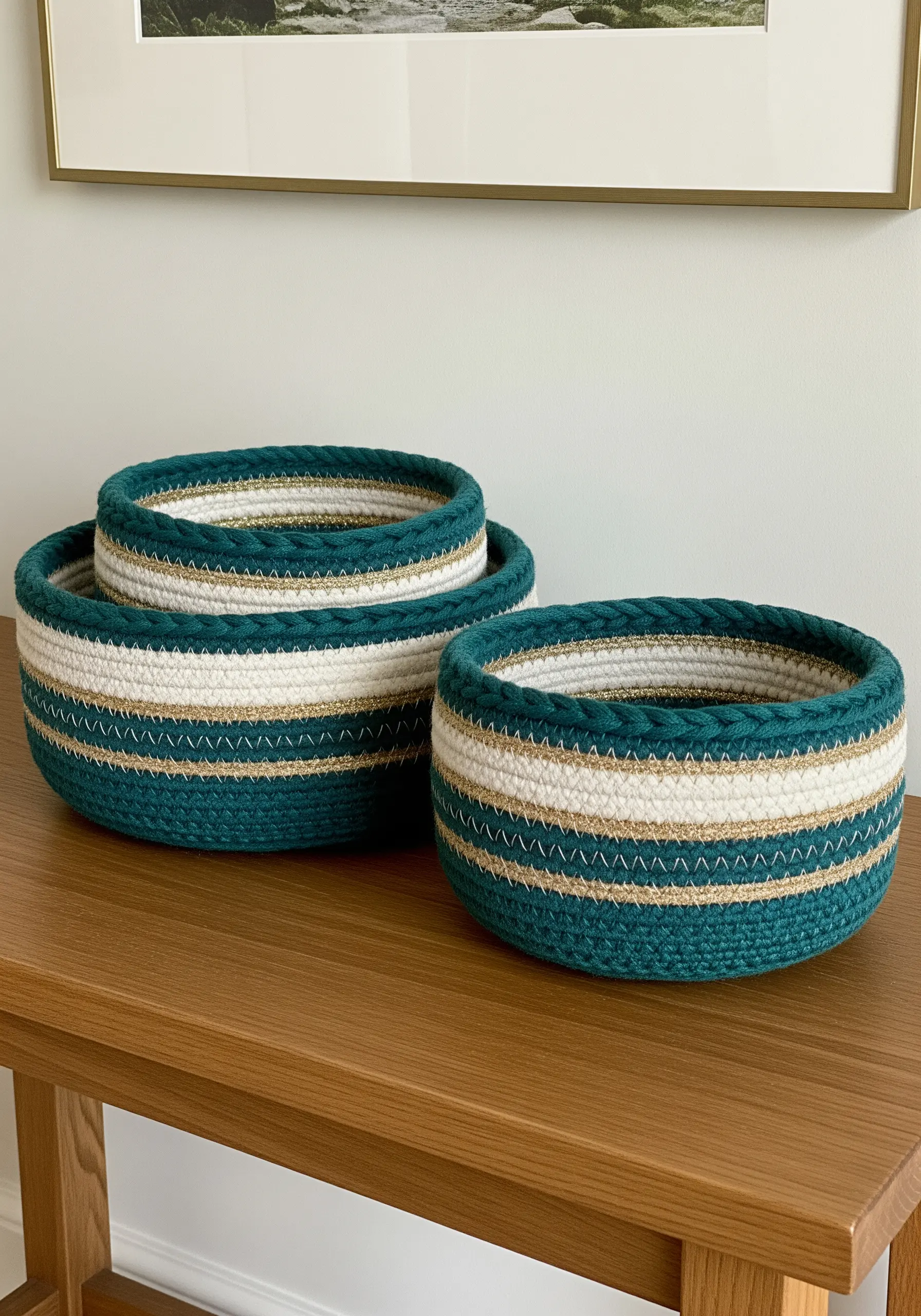 A set of three coiled rope baskets in dark green and white with metallic gold accent stripes.