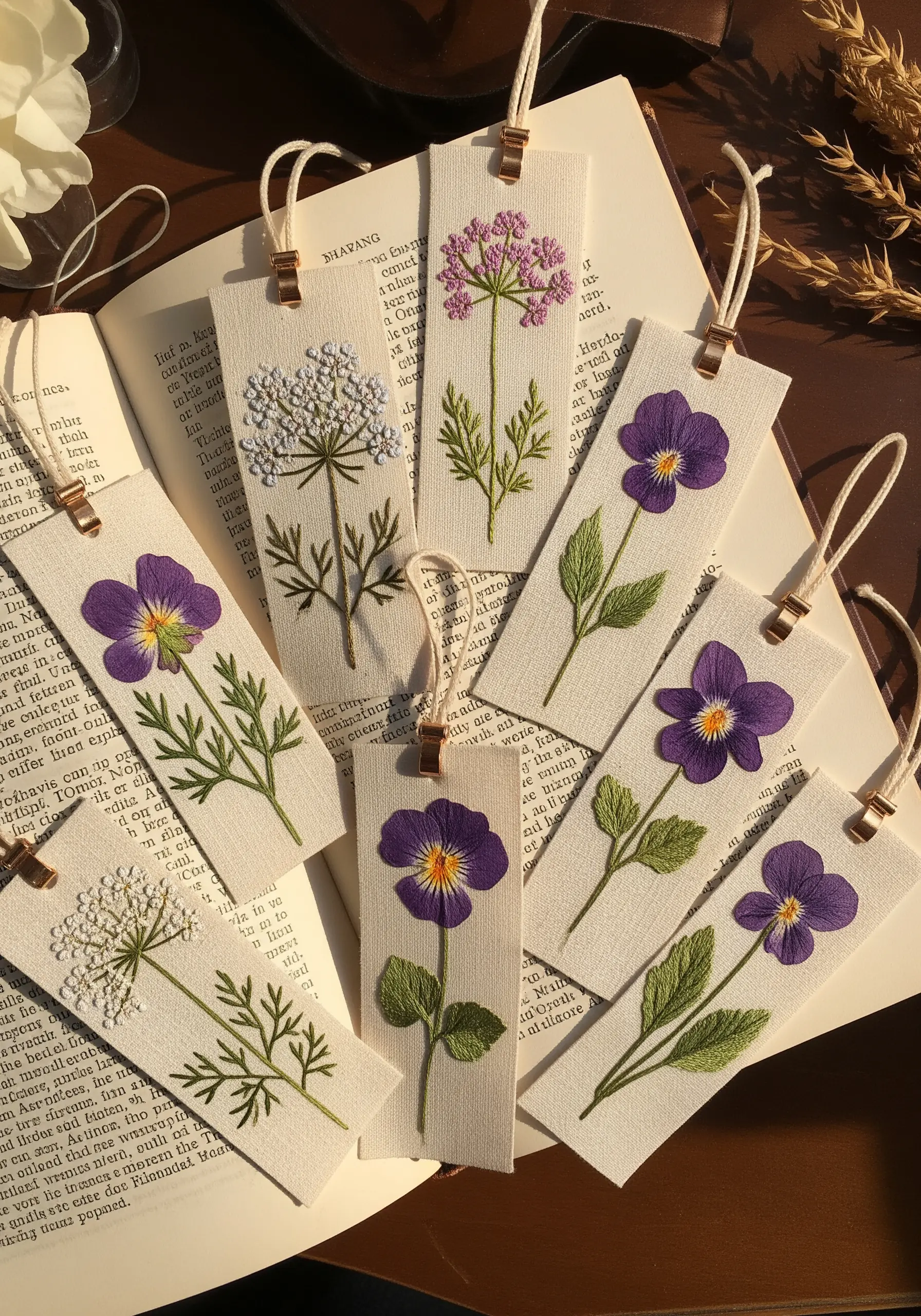 A collection of handmade bookmarks embroidered with delicate pansies and wildflowers