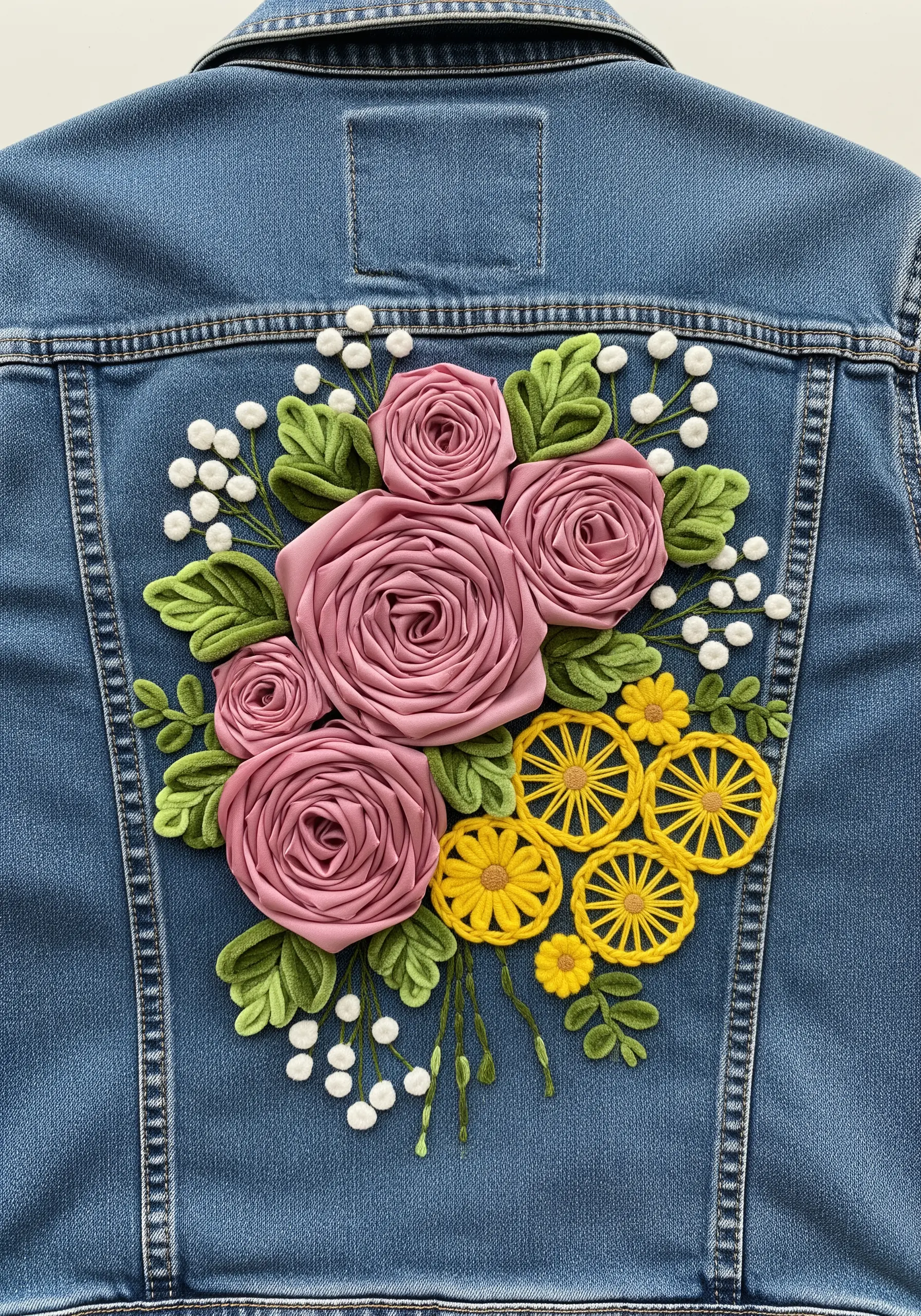 Pink ribbon embroidery roses and French knots on a denim jacket.