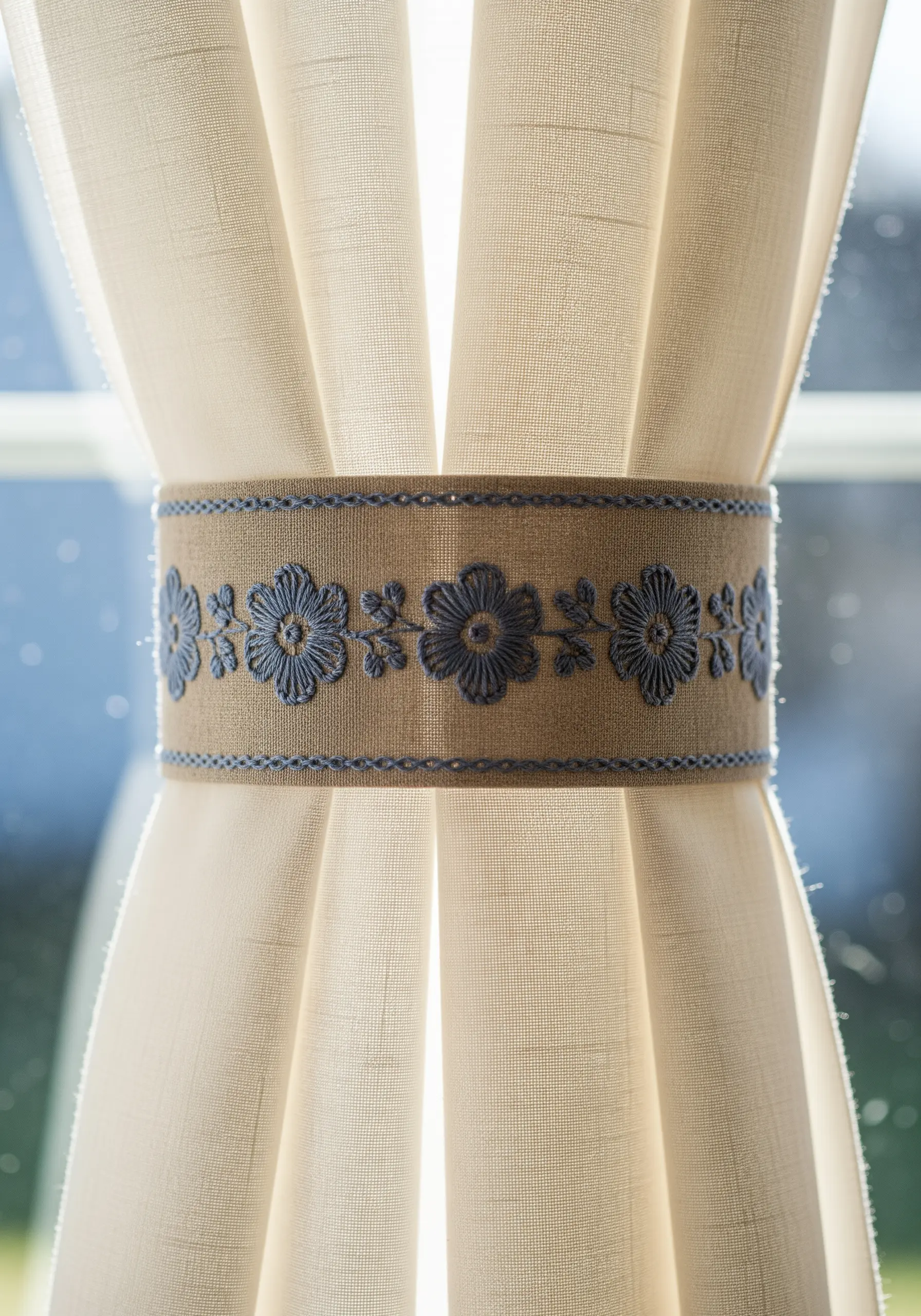 A burlap curtain tie-back with a blue floral embroidery pattern.