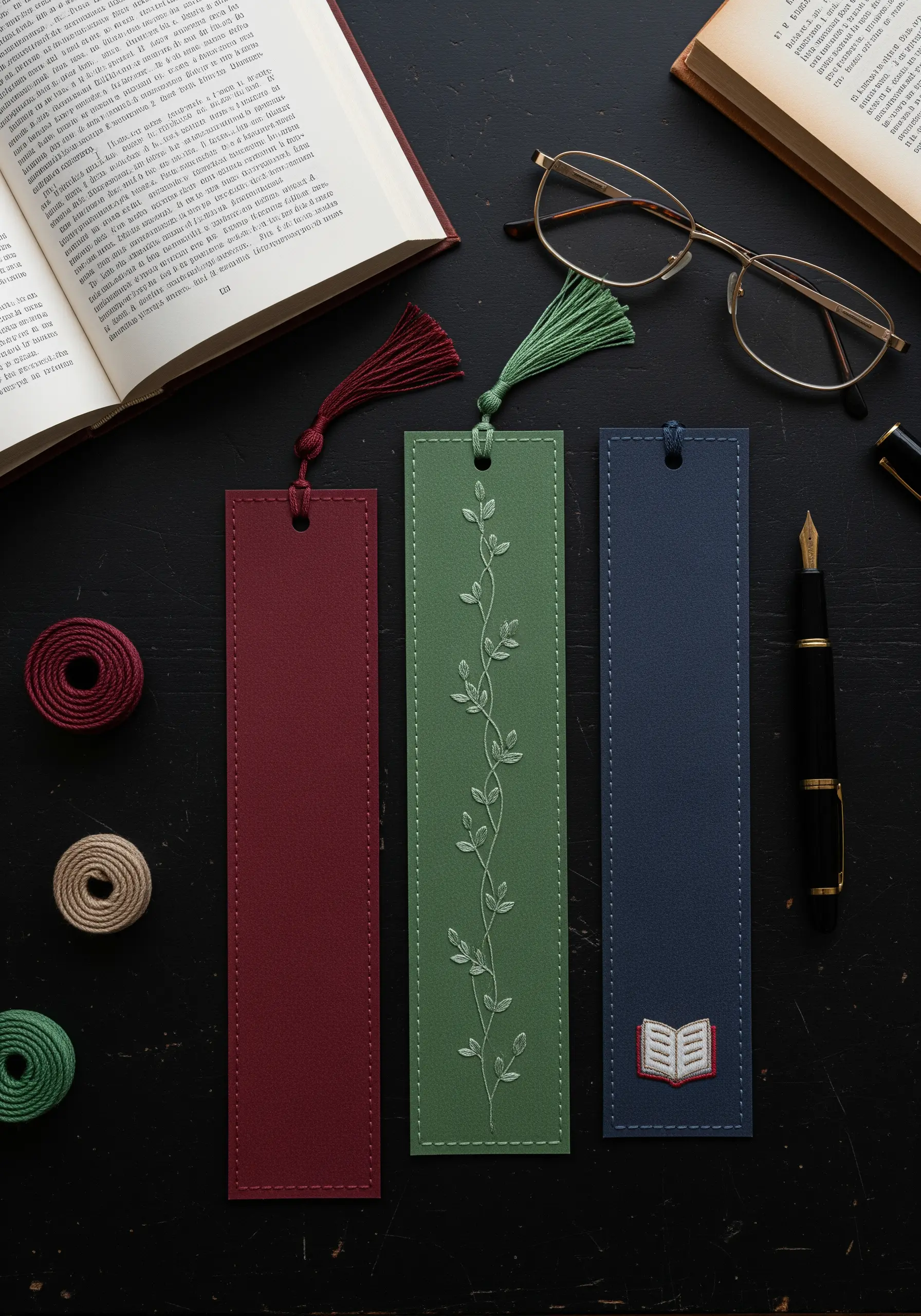 Three elegant bookmarks made from faux leather in burgundy, green, and blue with delicate embroidery.