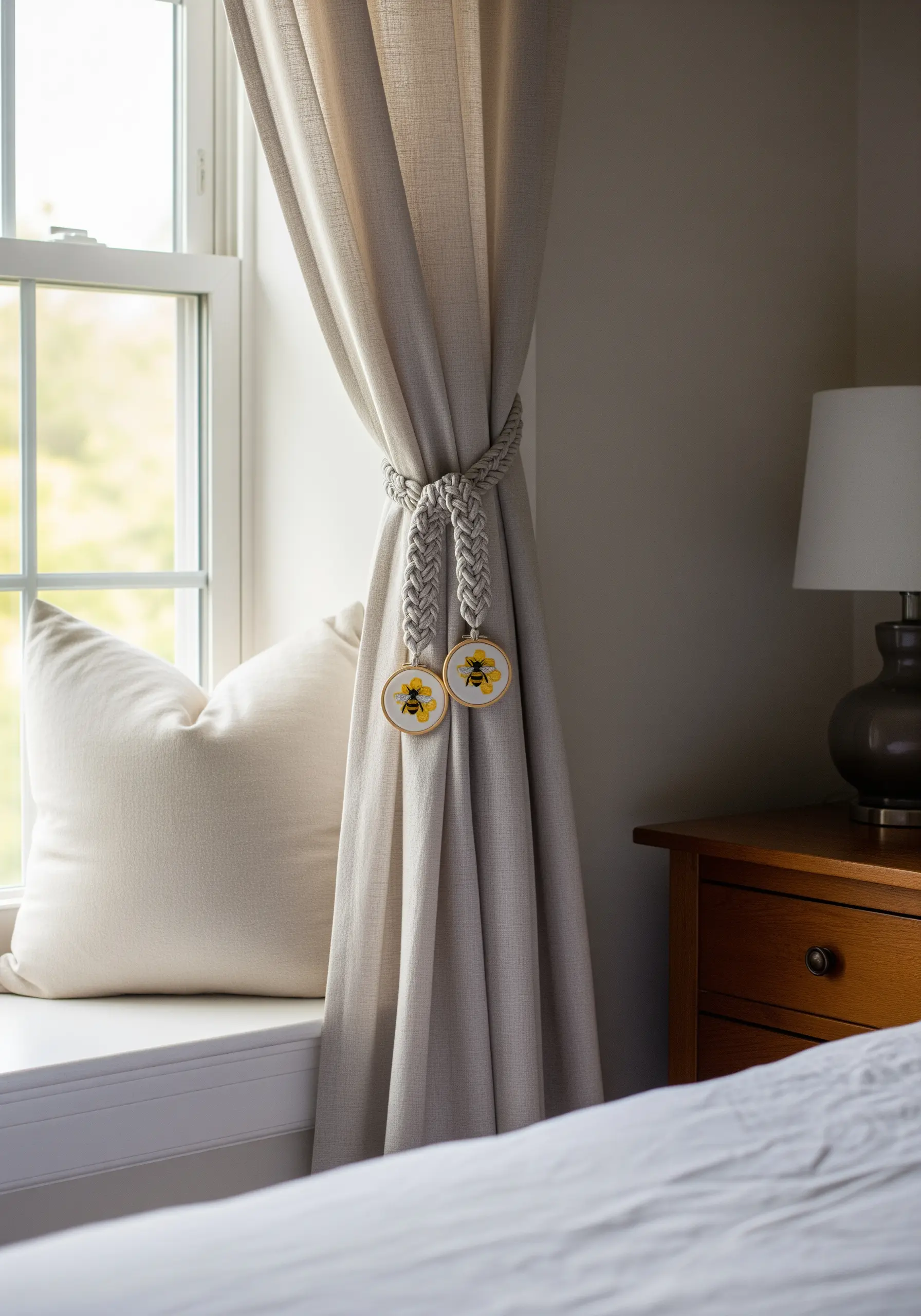 Braided curtain tie-backs adorned with miniature embroidery hoops featuring bumblebee designs.