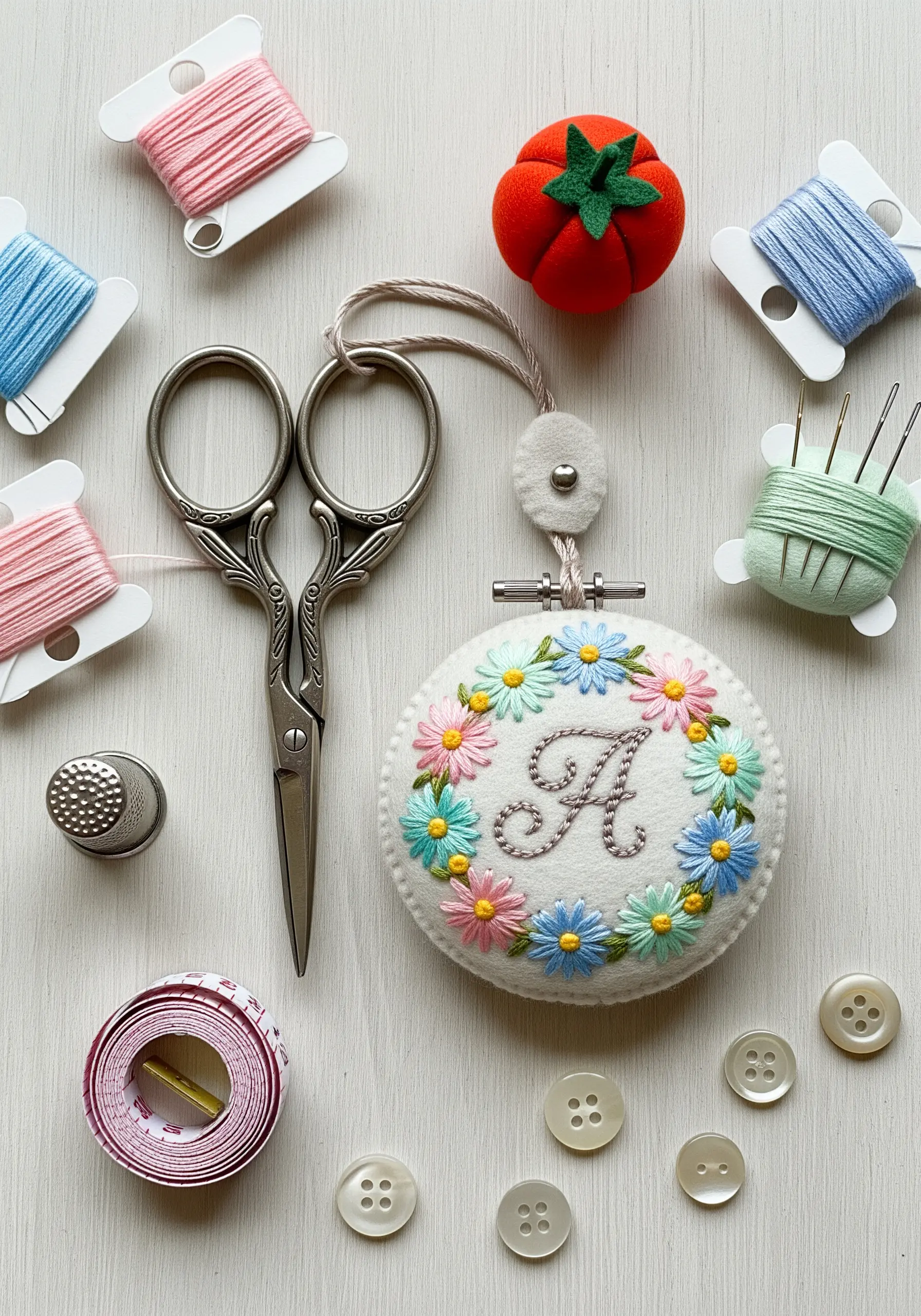 A small, hand-embroidered needle minder with a floral monogram and sewing supplies.