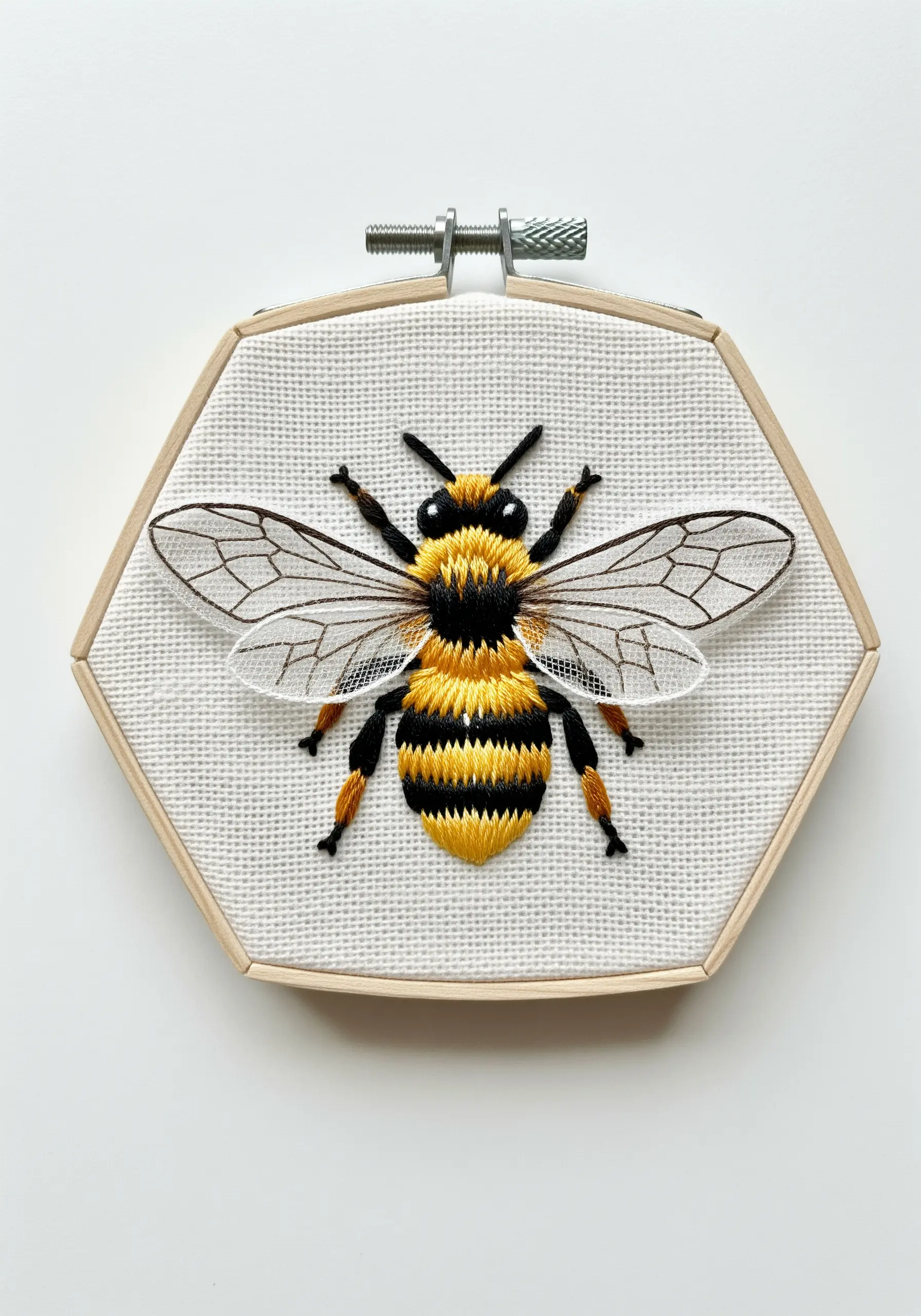 Realistic embroidered bee with sheer, appliquéd organza wings in a hexagonal hoop.