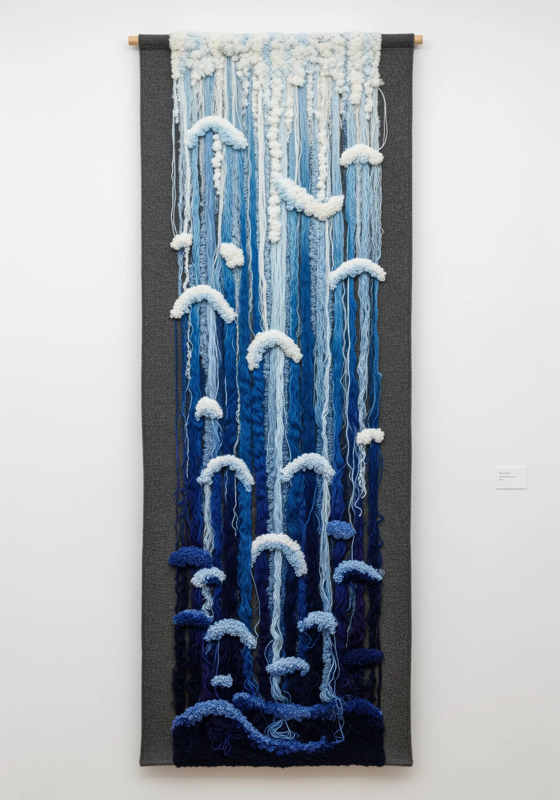 Blue gradient wall hanging with cascading yarn and textured white tufts.