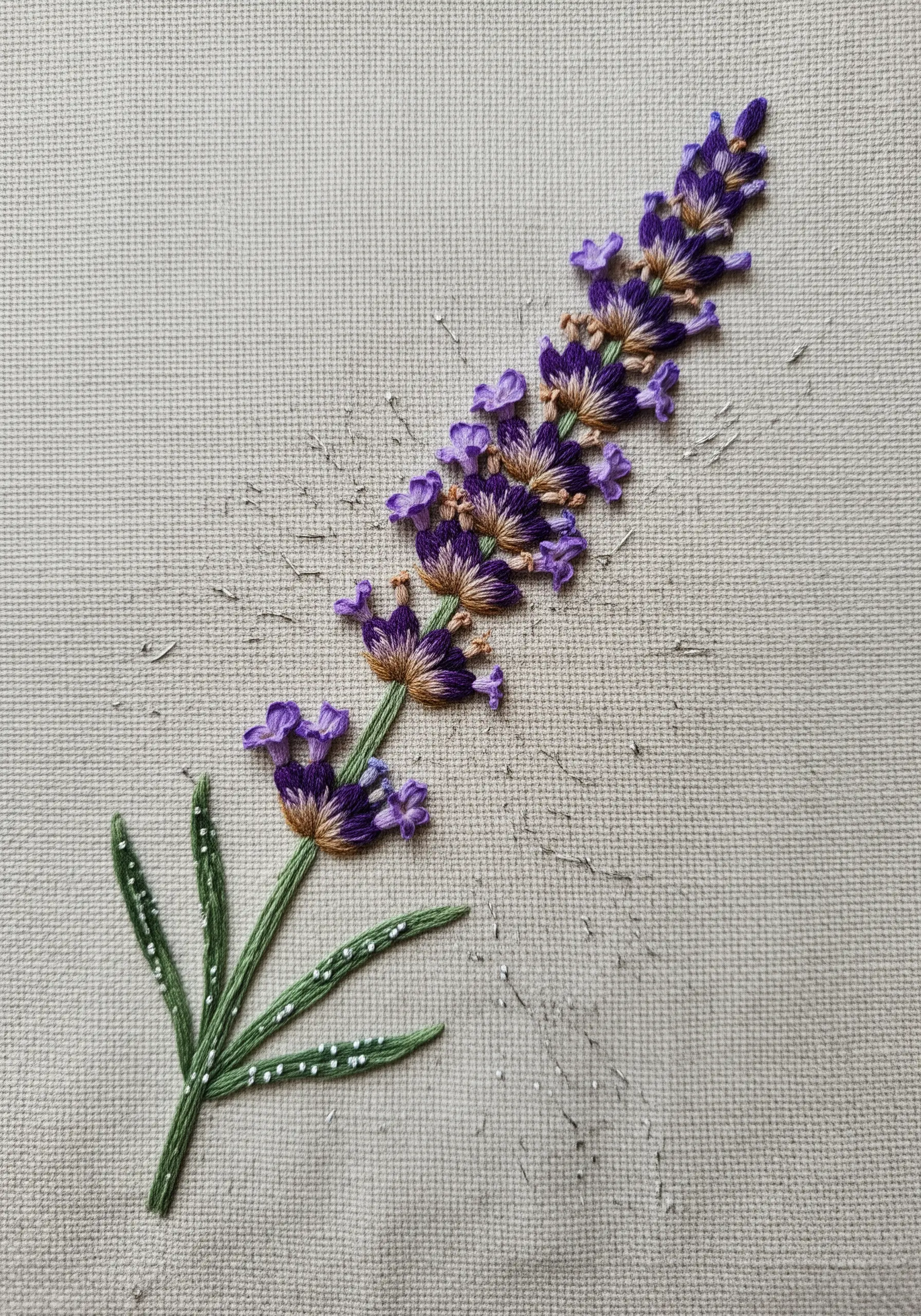A sprig of lavender embroidered with French knots and straight stitches on neutral linen.