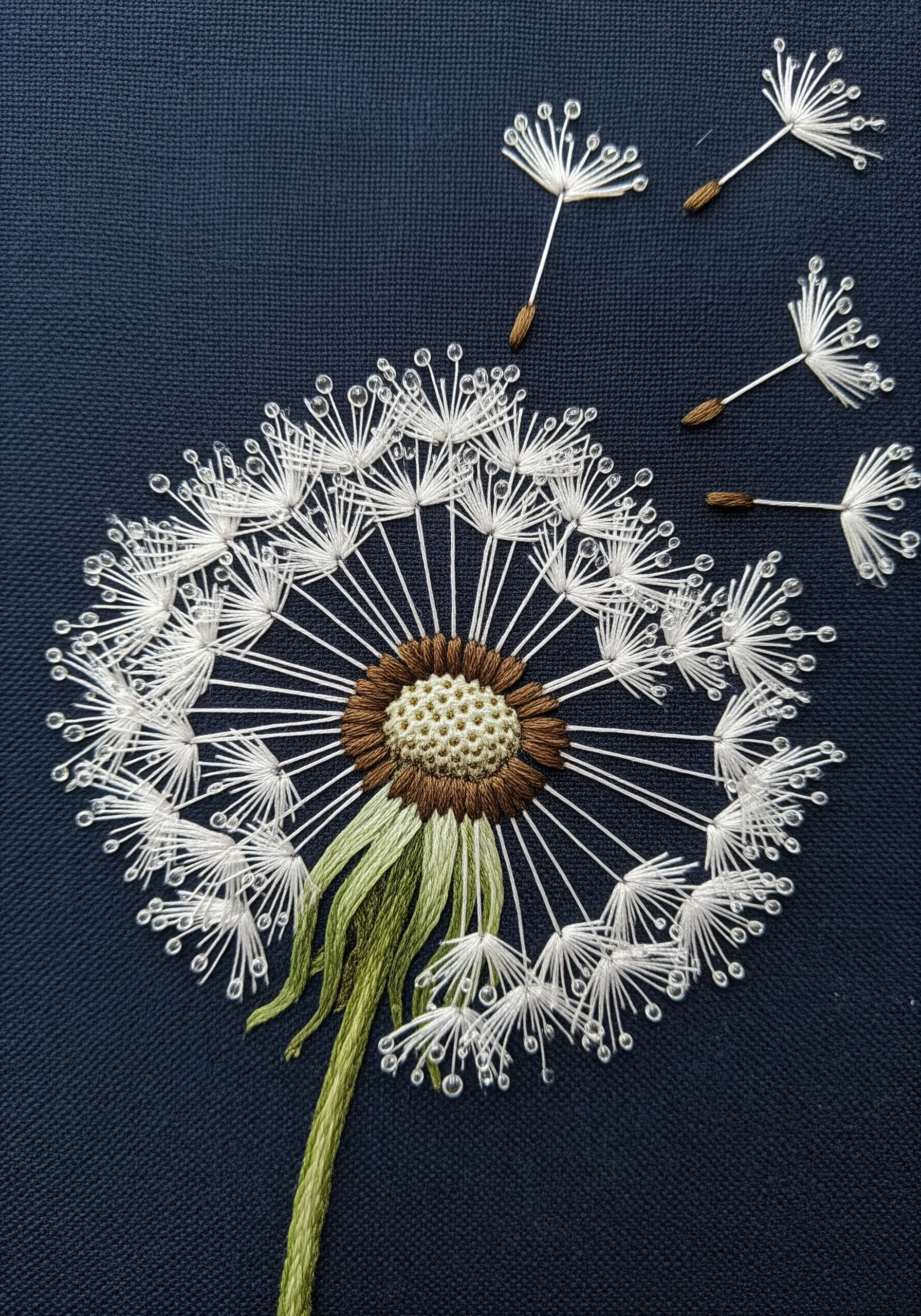 A dandelion seed head embroidered on dark blue fabric, with seeds floating away.