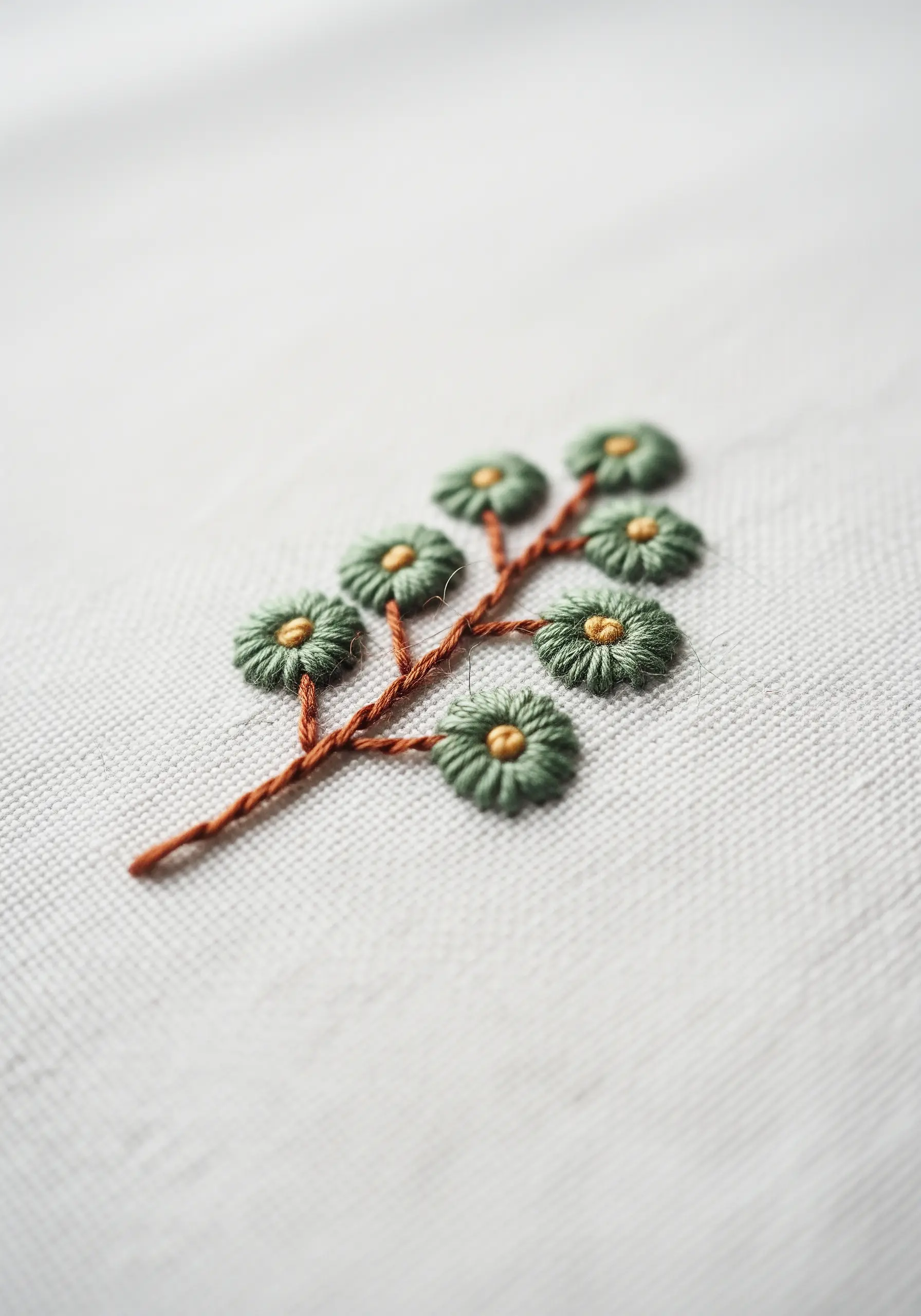 A branch with three-dimensional green leaves made from padded satin stitch.