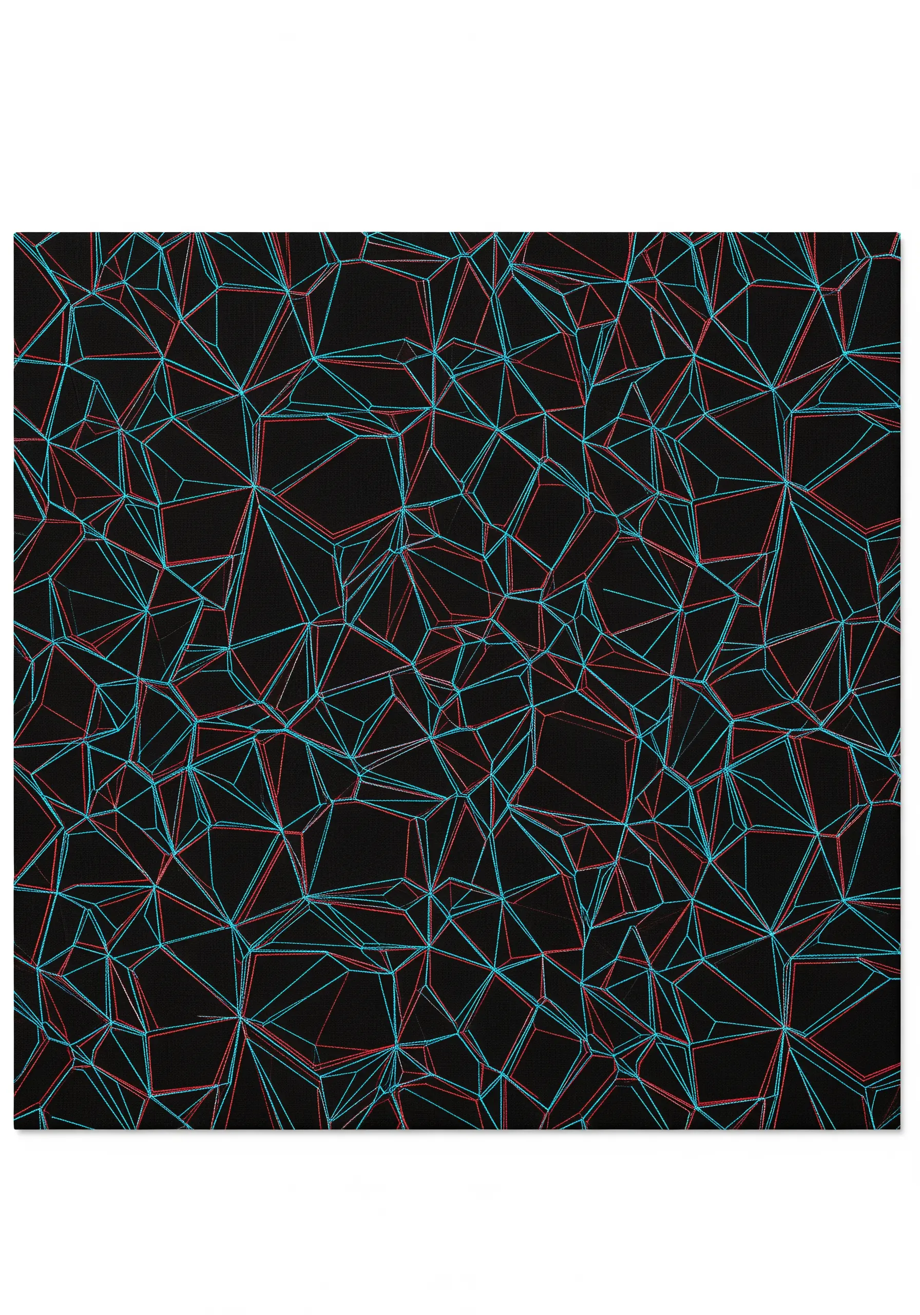 A geometric network of lines stitched in offset red and cyan on a black background.