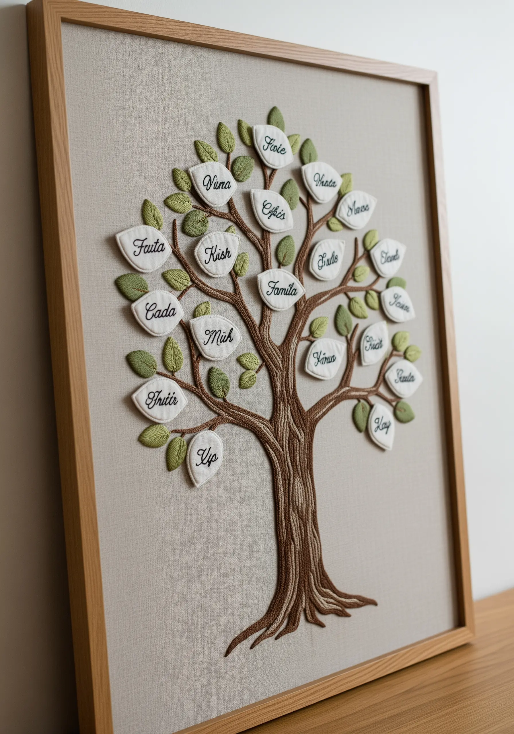 A framed family tree with embroidered branches and 3D appliqué leaves with names.