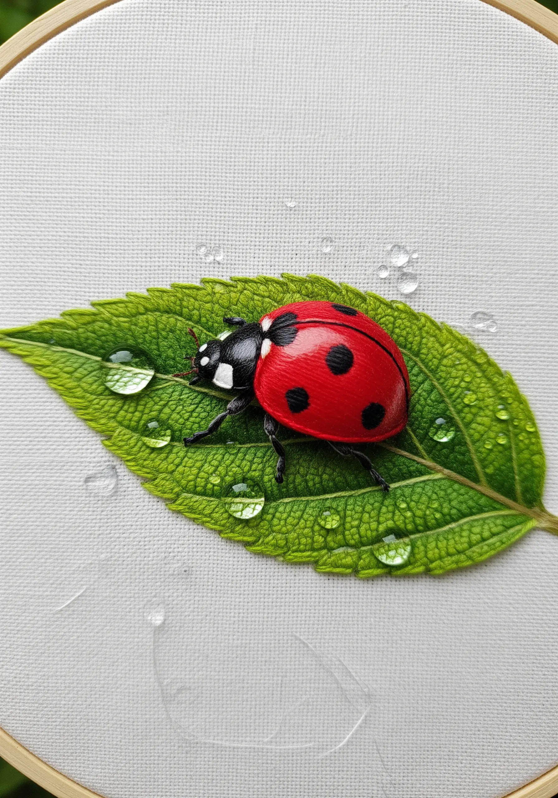 A close-up of a three-dimensional embroidered ladybug using padded satin stitch.