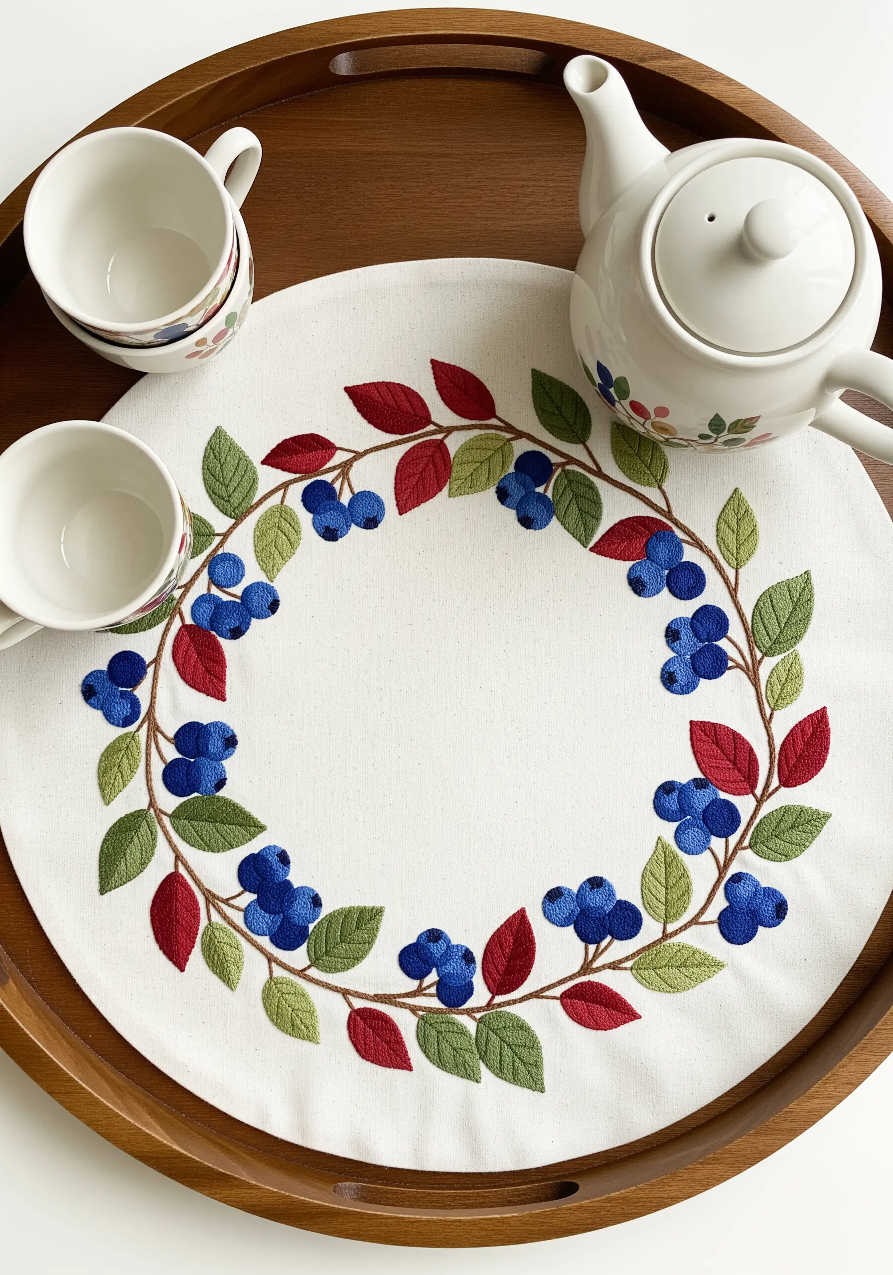 A round linen placemat with an embroidered wreath of blueberries and colorful leaves