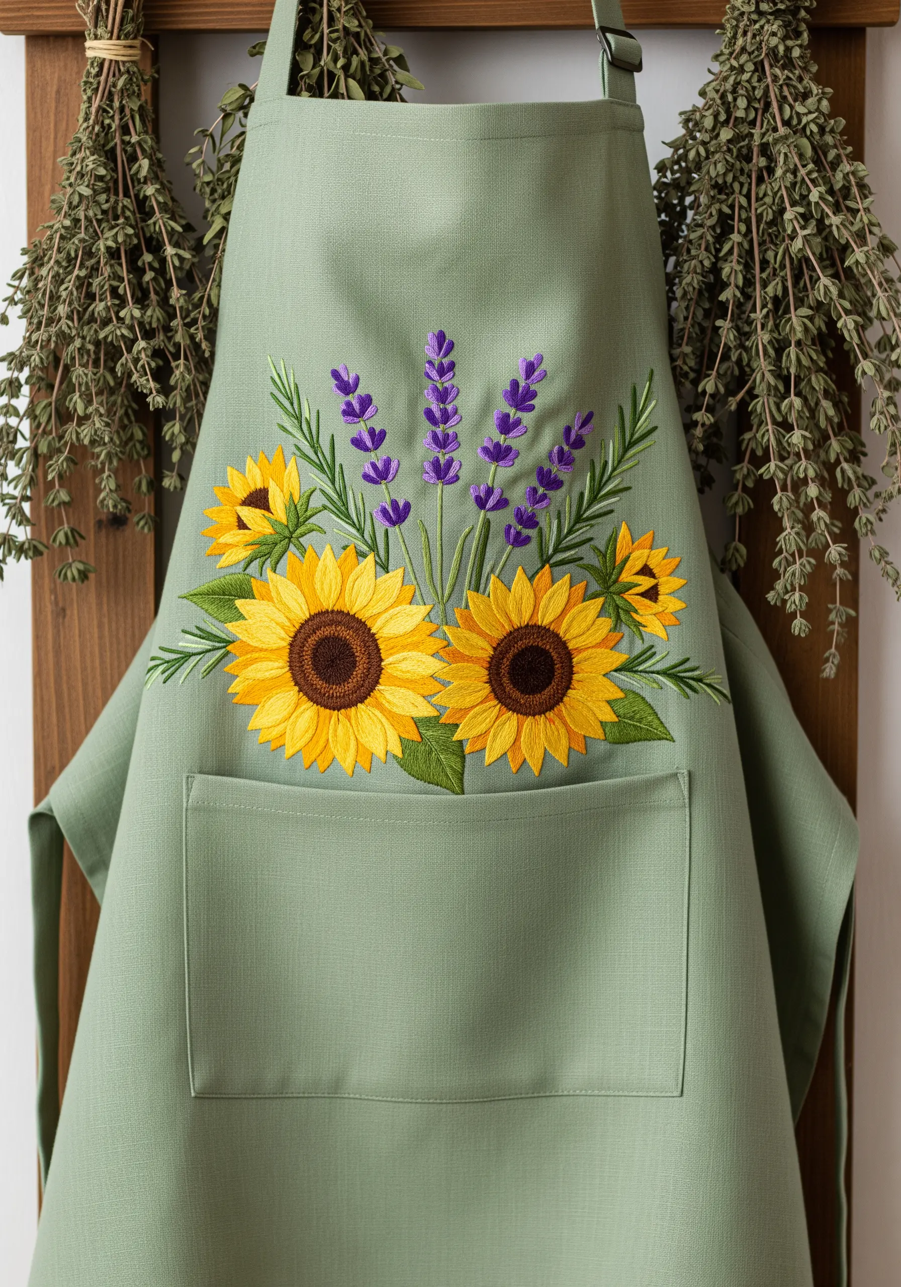 Embroidered sunflowers and lavender arranged in a bouquet on a sage green apron
