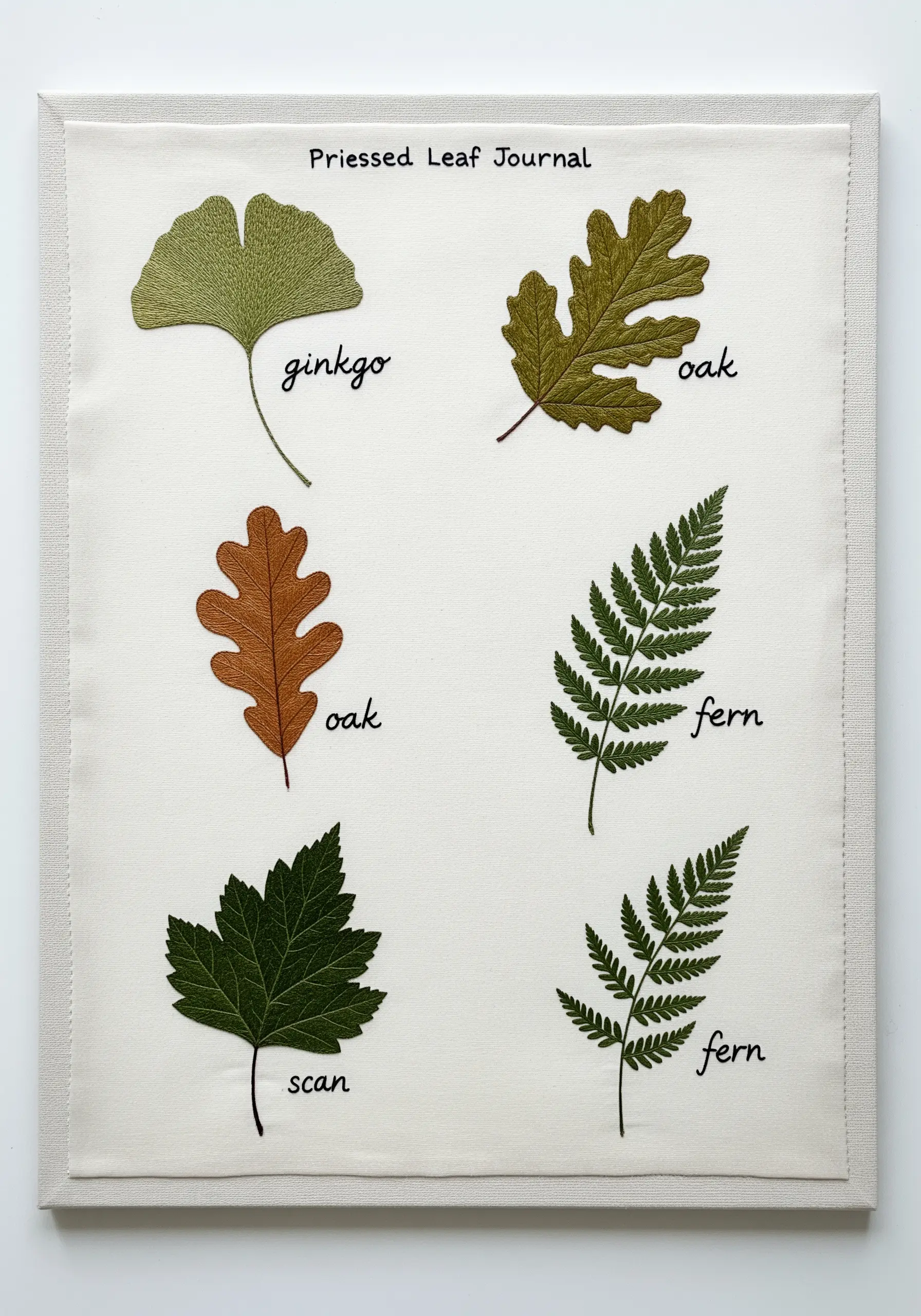 Embroidered botanical chart displaying six different types of leaves with their names stitched below