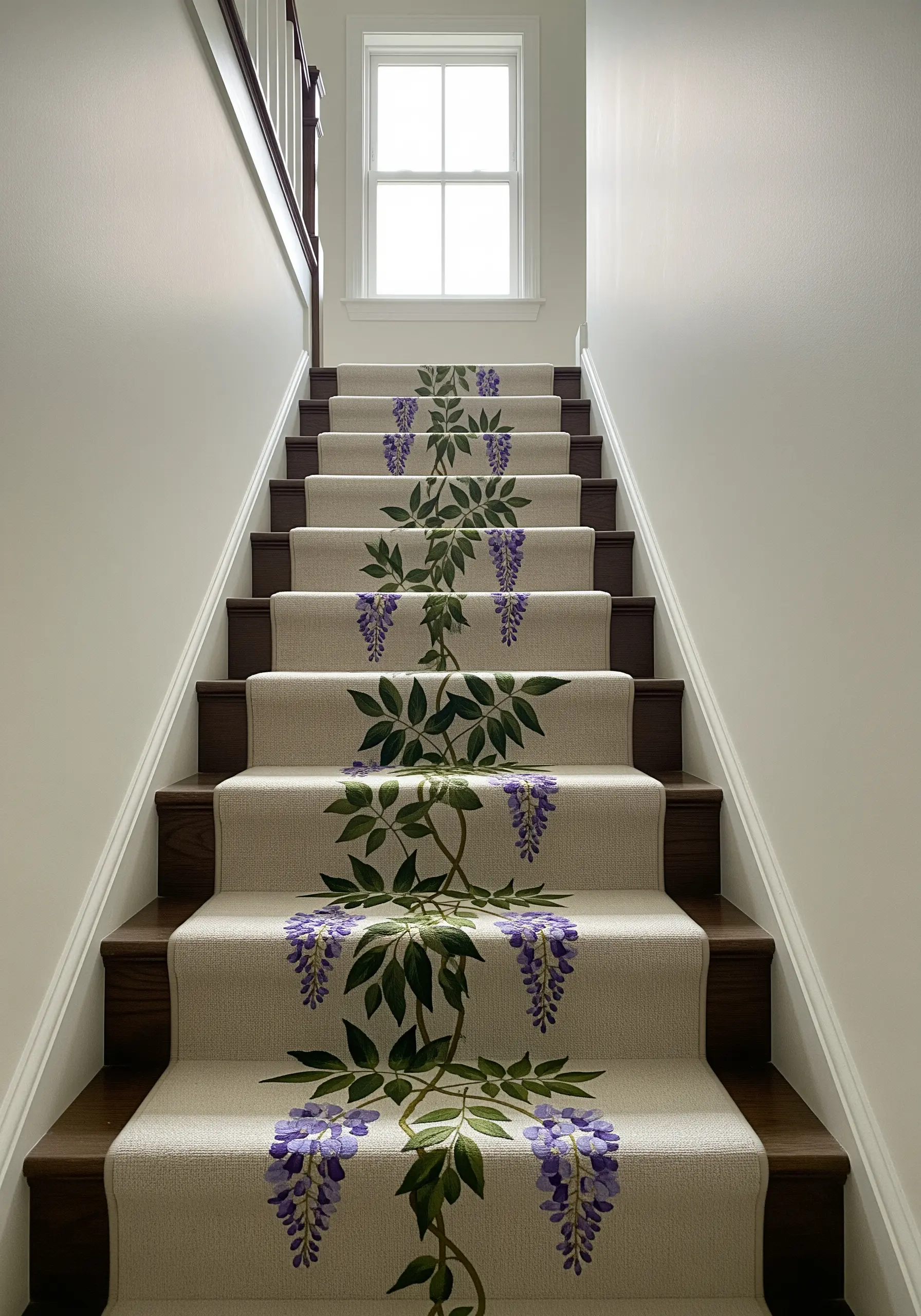 A carpeted staircase with a runner featuring a stunning, continuous embroidered wisteria vine