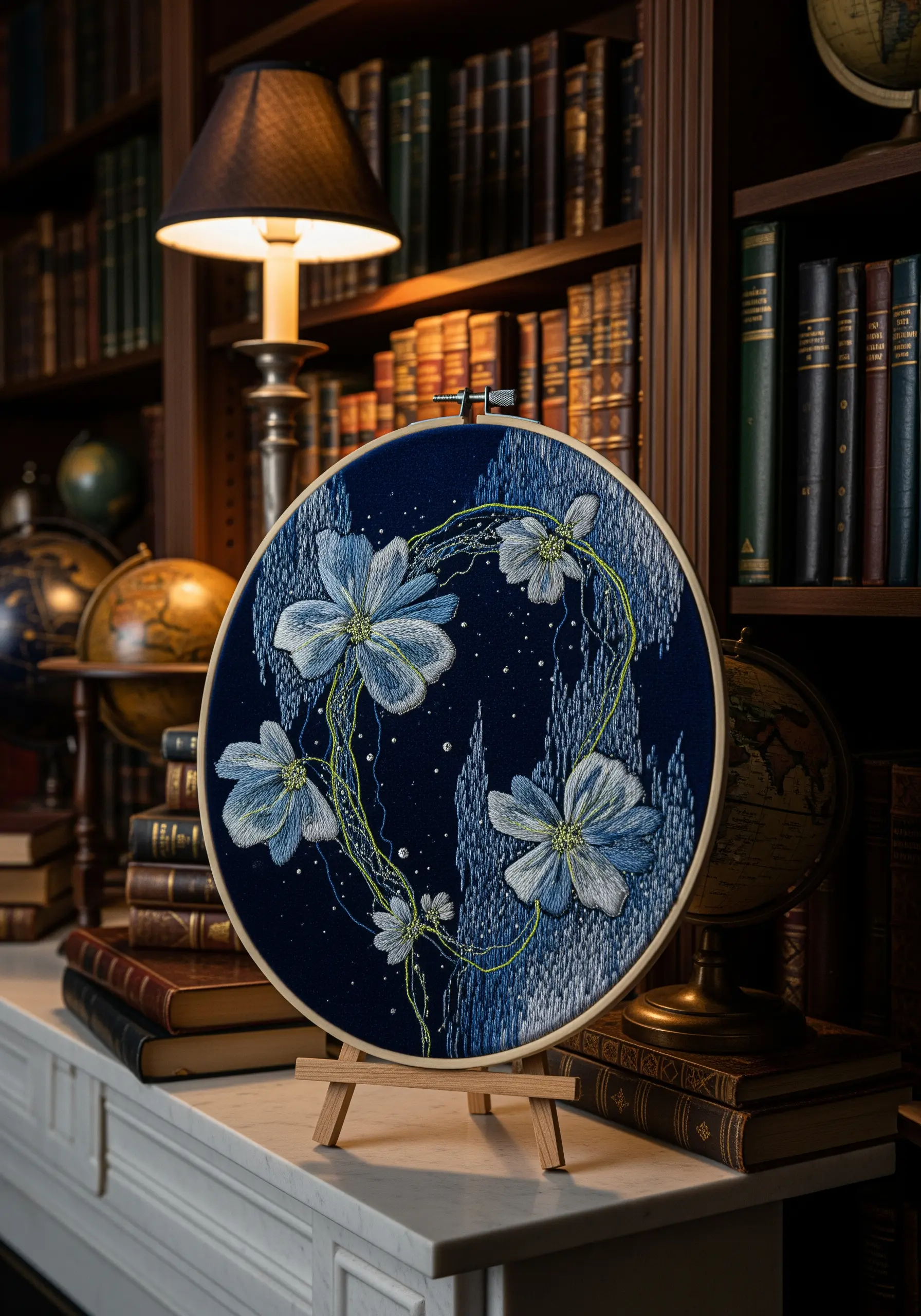 Ethereal white and blue flowers stitched on a dark navy fabric background