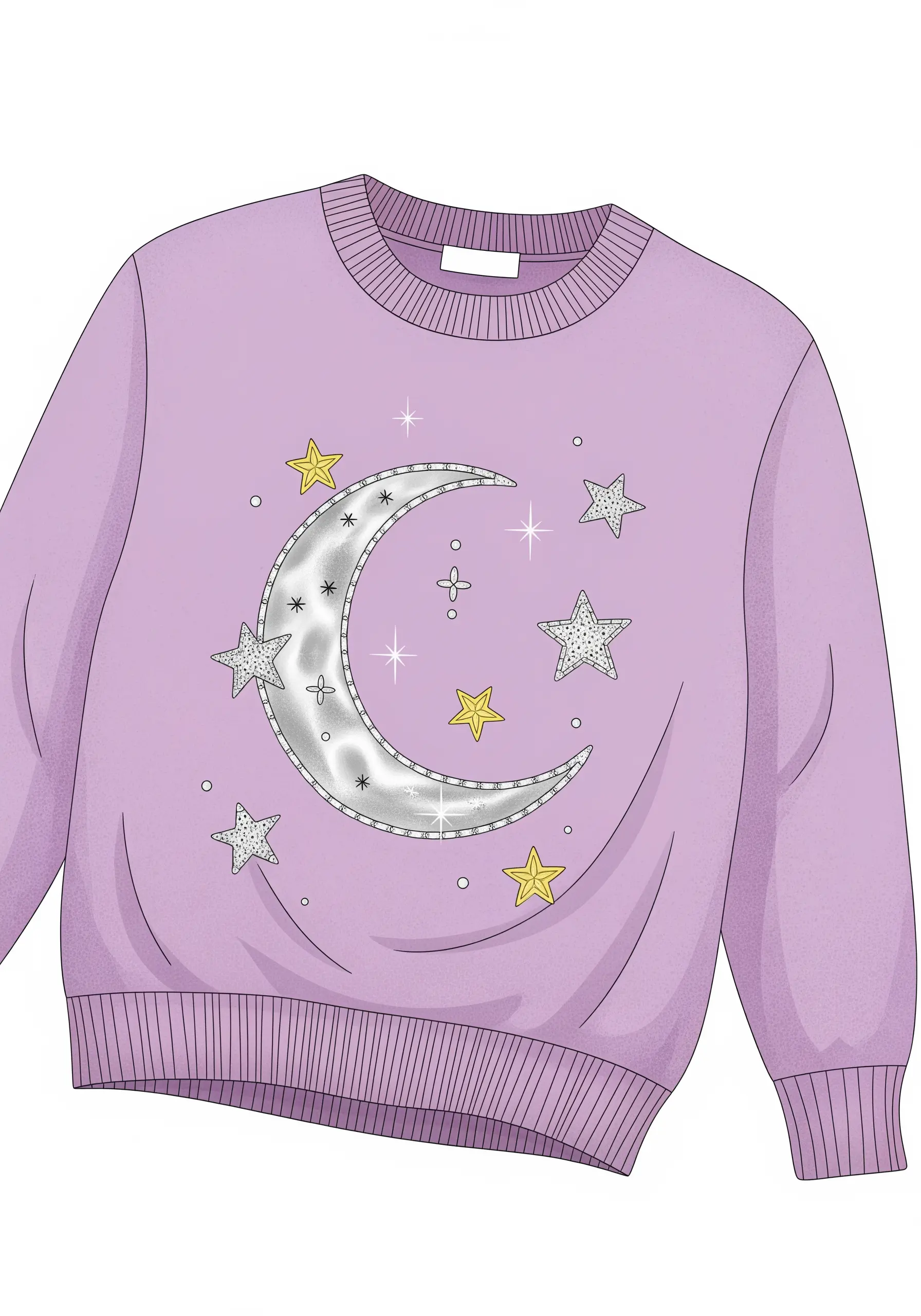 A silver appliqué moon with embroidered and appliqué stars on a lavender sweatshirt.
