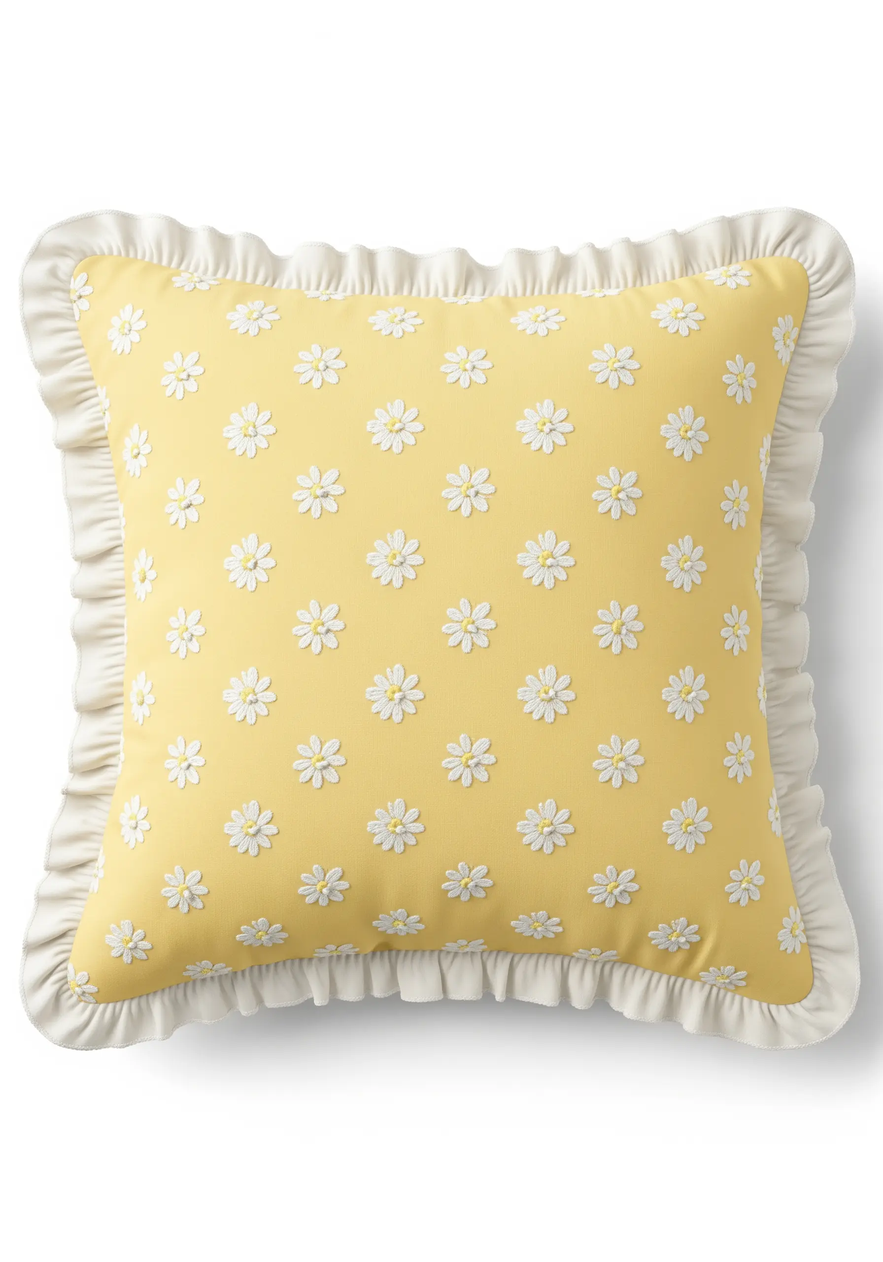 A yellow pillow with a repeating pattern of small white embroidered daisies.