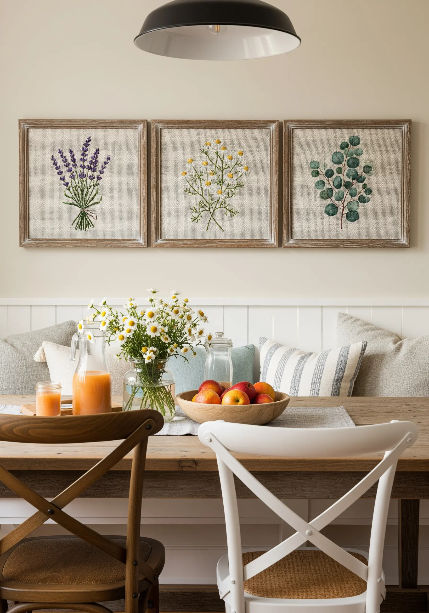A triptych of framed botanical embroideries: lavender, chamomile, and eucalyptus.