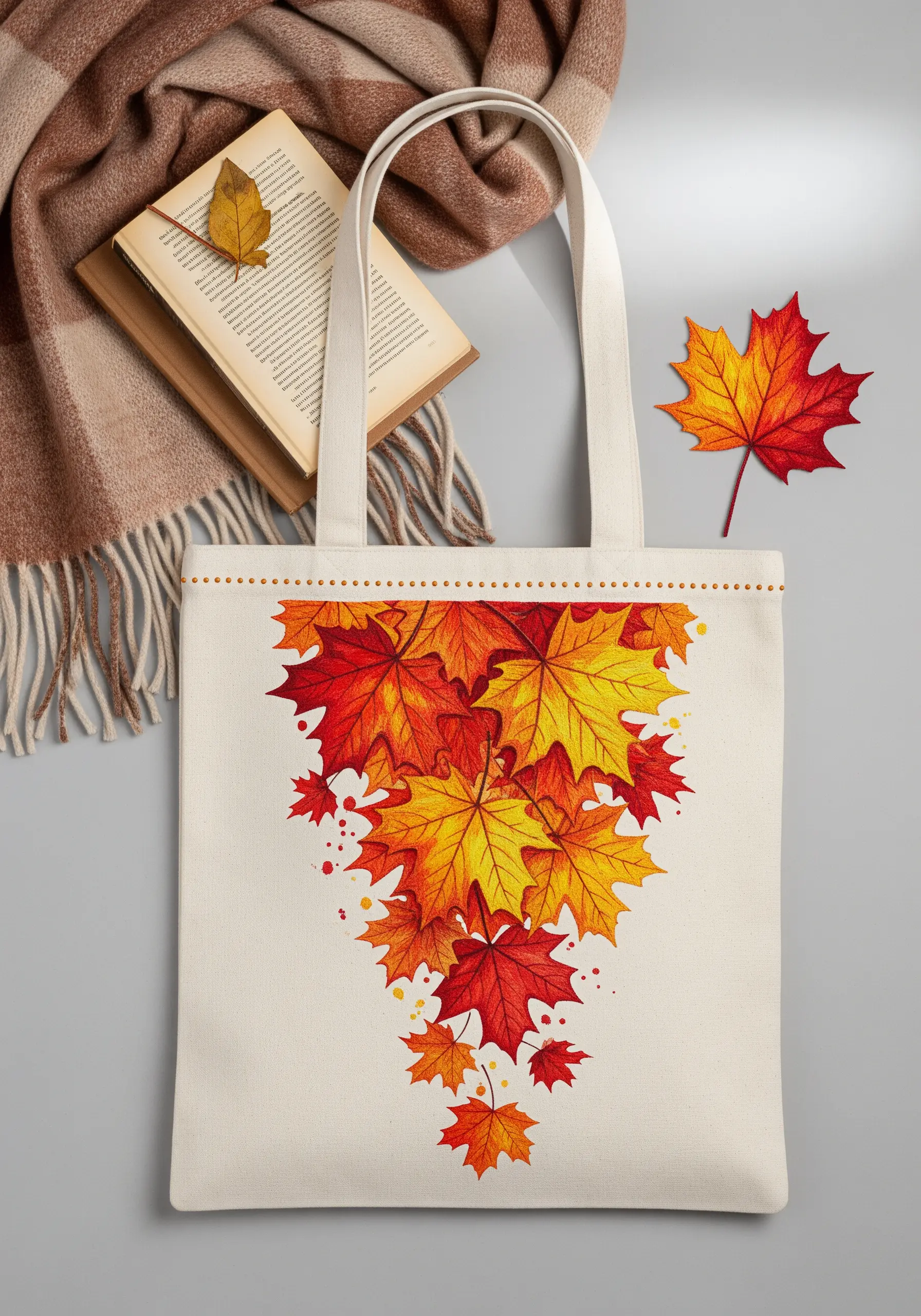 Tote bag with a cascade of autumn maple leaves in red, orange, and yellow watercolor style.