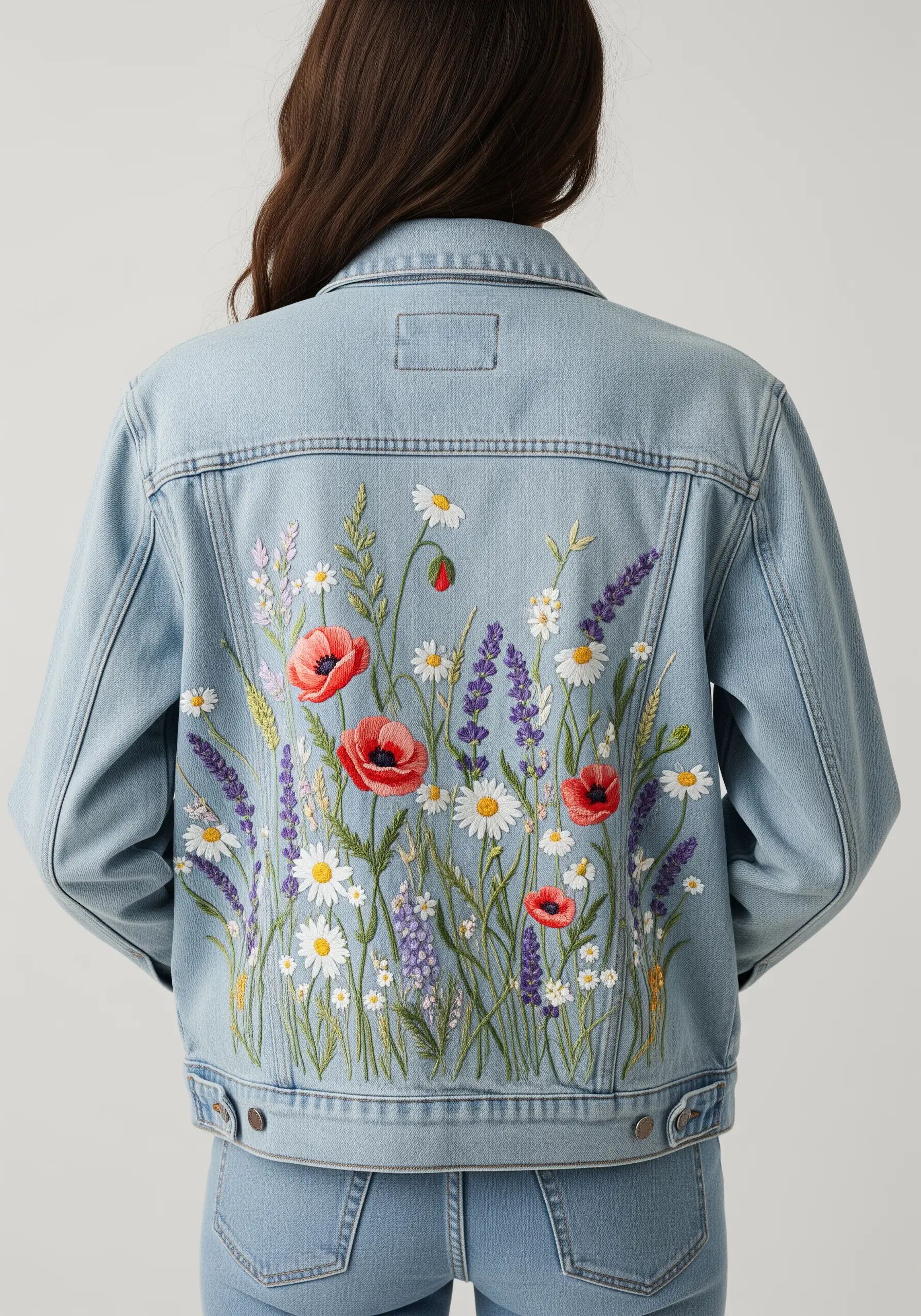 A delicate meadow of embroidered wildflowers, including poppies and lavender, on a light wash denim jacket.