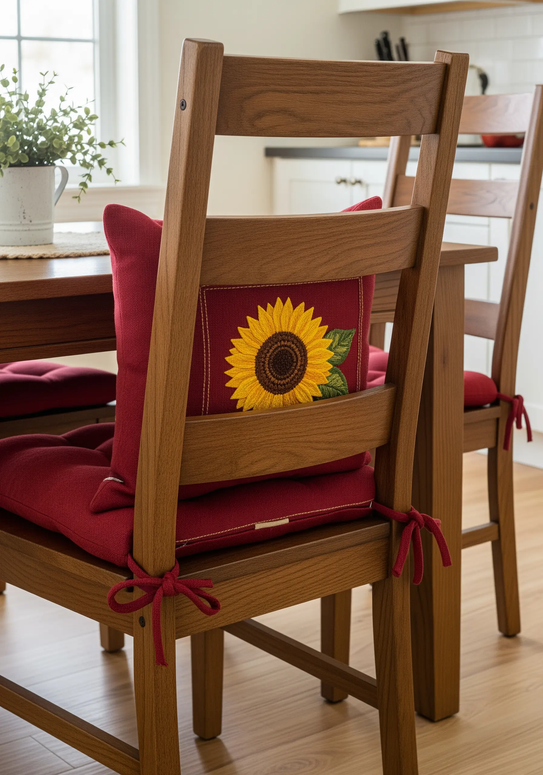 Red dining chair cushion with a central embroidered panel featuring a large sunflower.