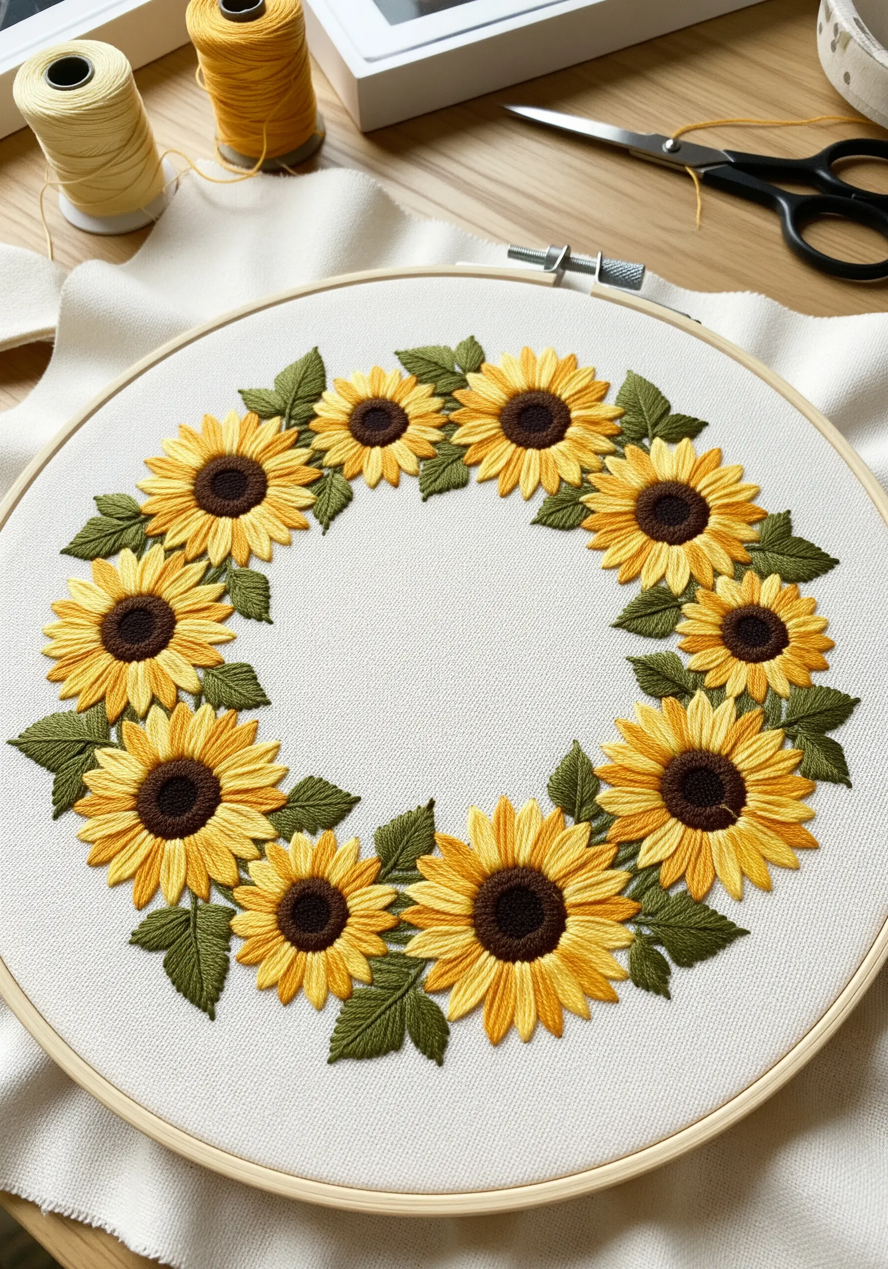 A hand-embroidered wreath of sunflowers with satin-stitched petals on off-white fabric in a hoop