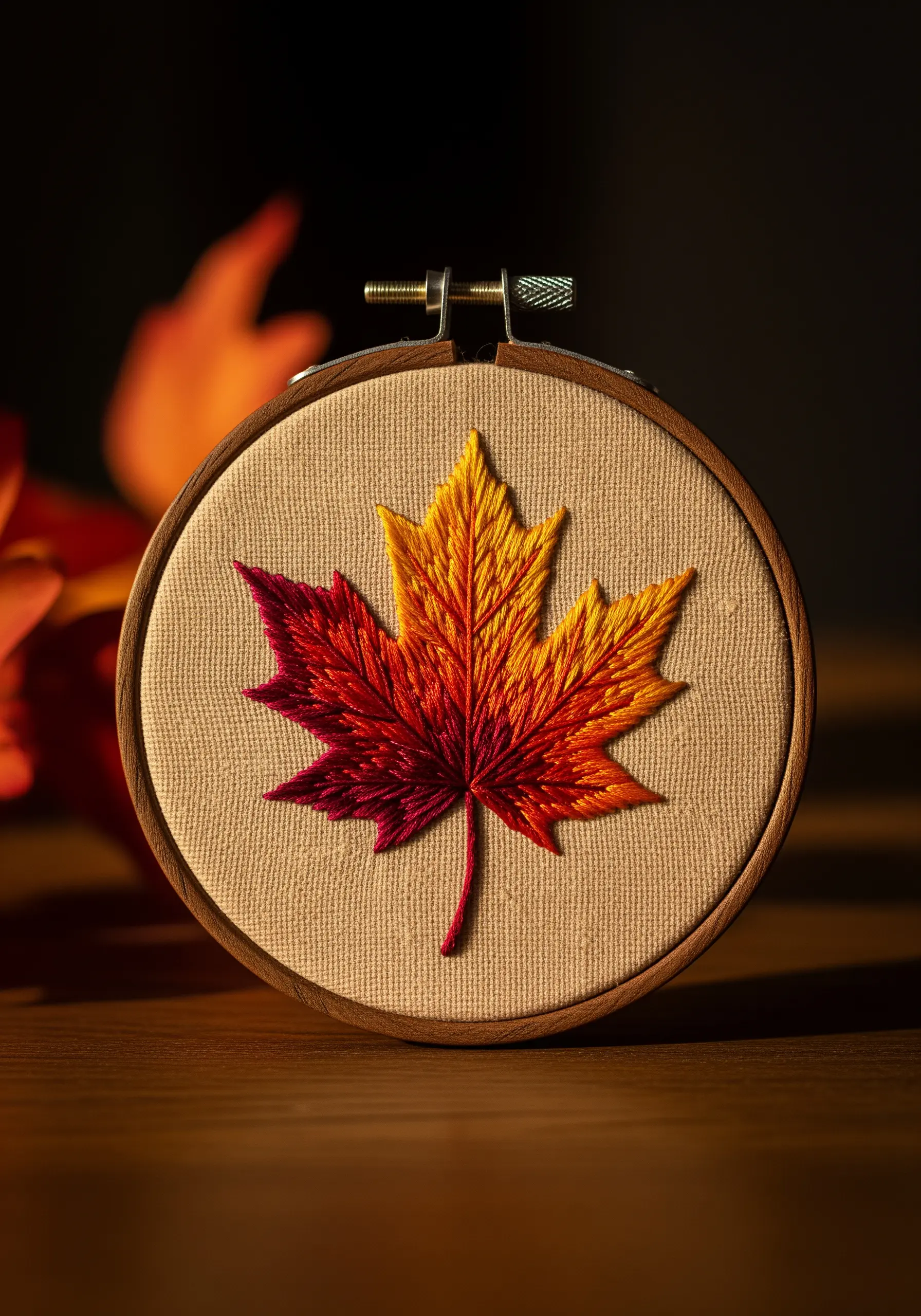 Embroidered maple leaf with a red, orange, and yellow gradient.