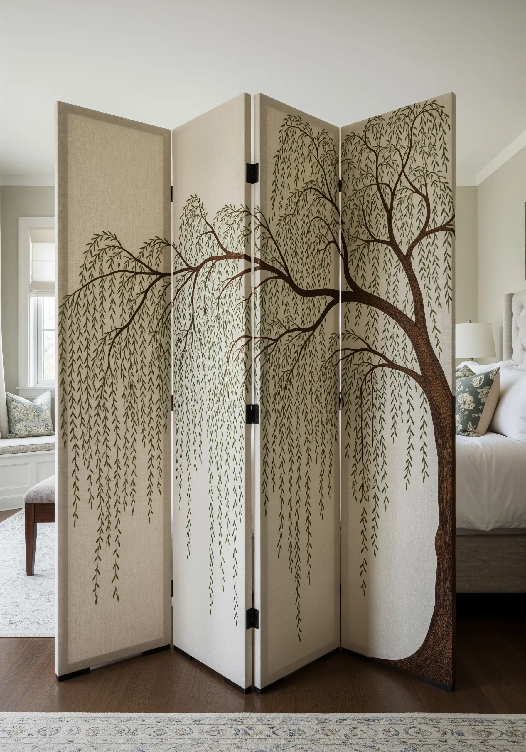 A four-panel folding screen embroidered with a large, continuous weeping willow tree design.