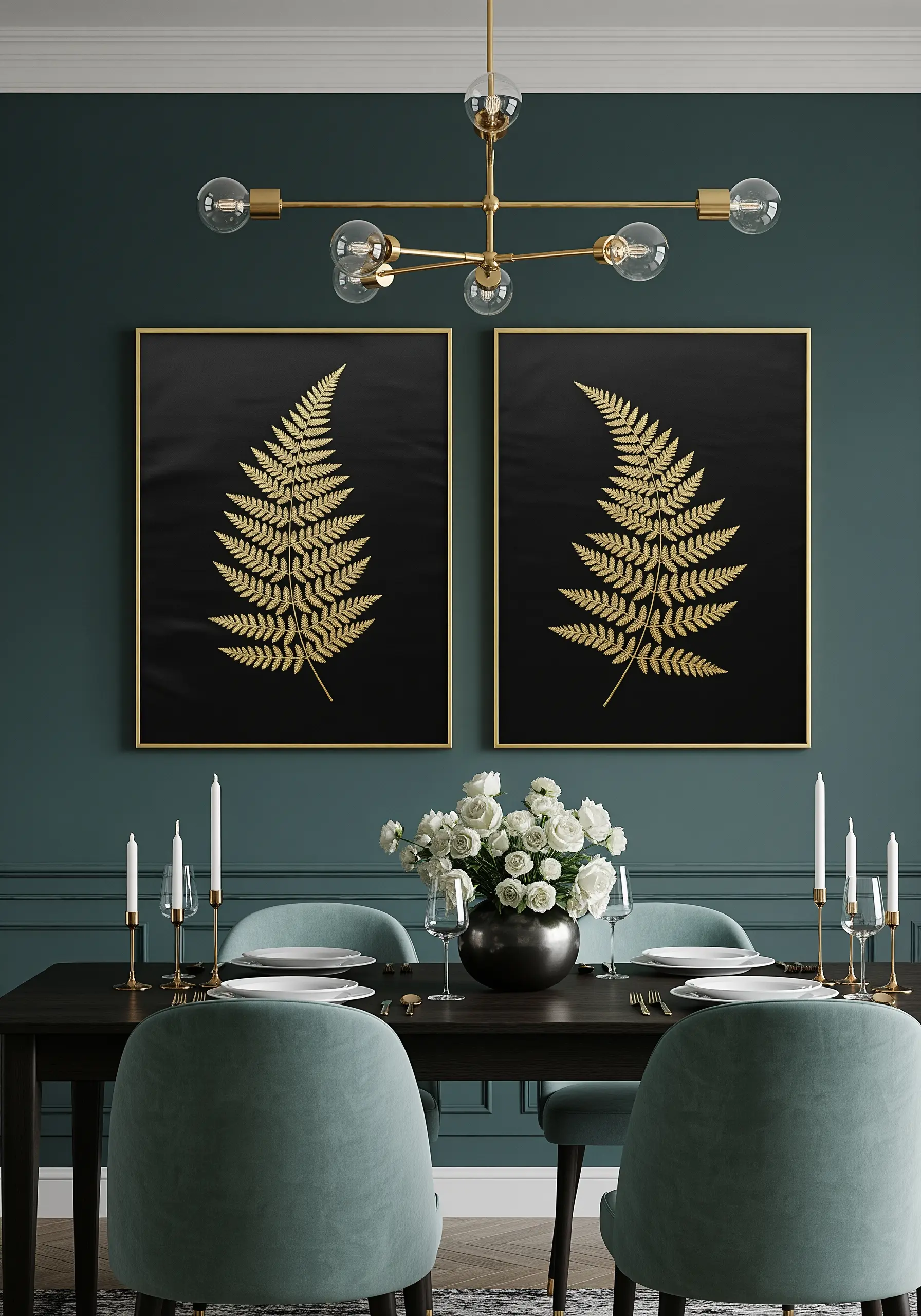 A pair of framed golden fern embroideries on black fabric.