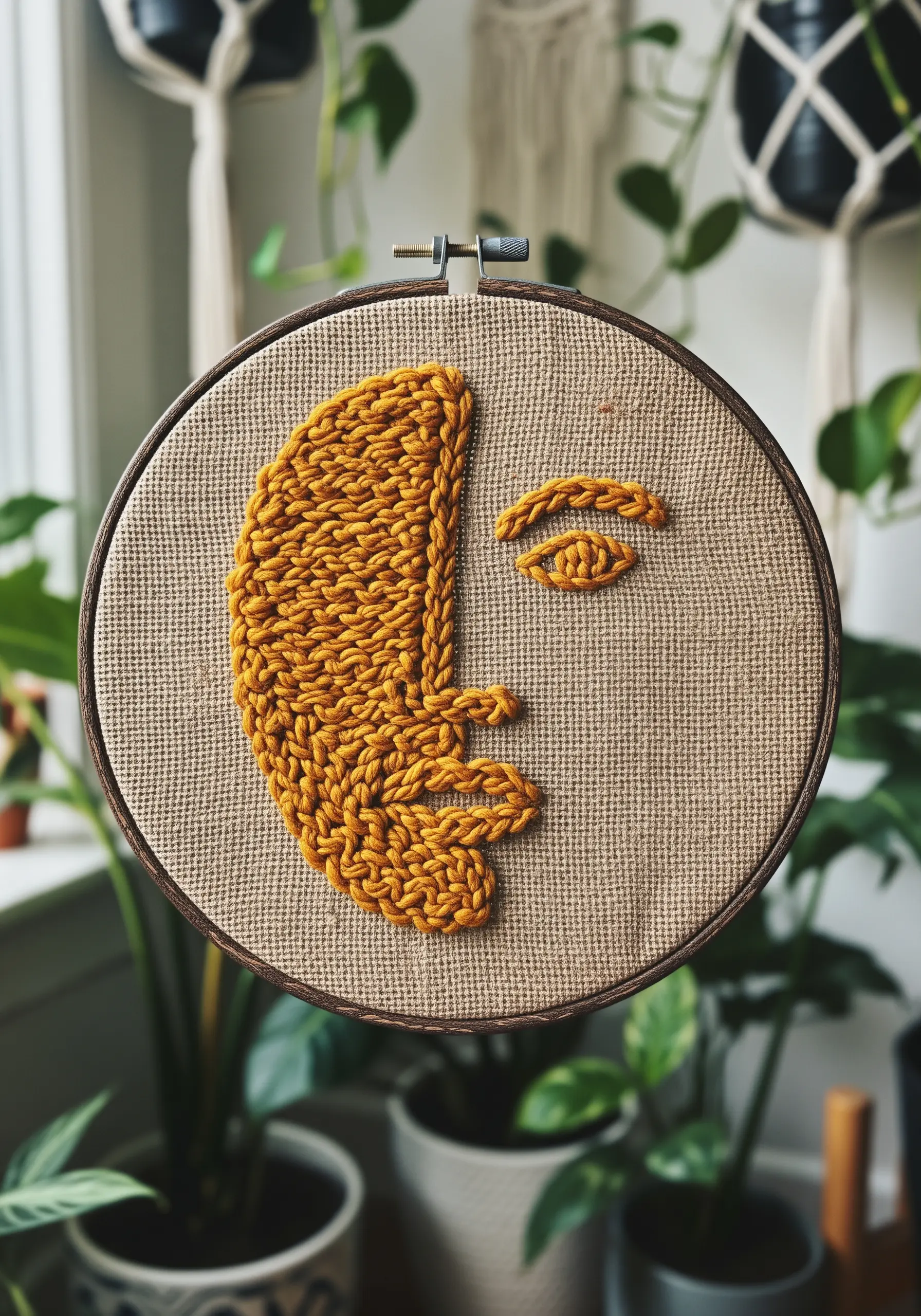 A face profile filled with chunky, mustard-yellow yarn stitched to look like knitting on burlap.