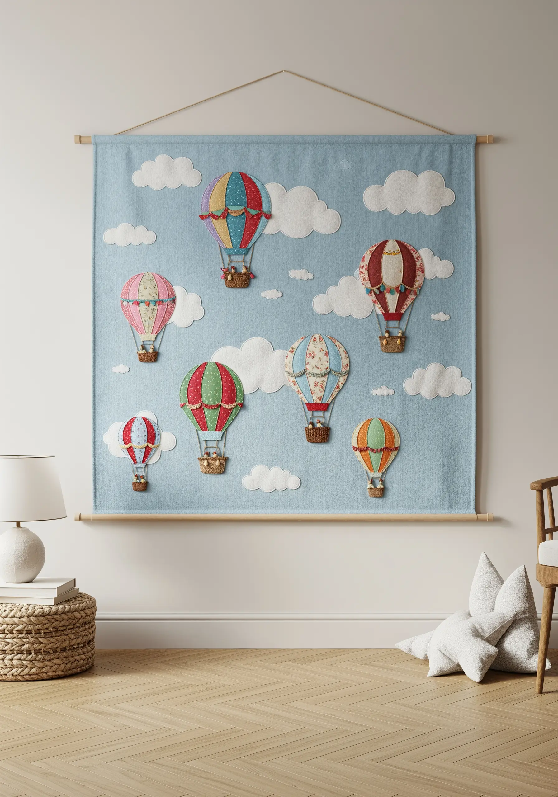 A large nursery wall hanging with appliquéd hot air balloons and embroidered clouds on a blue background.