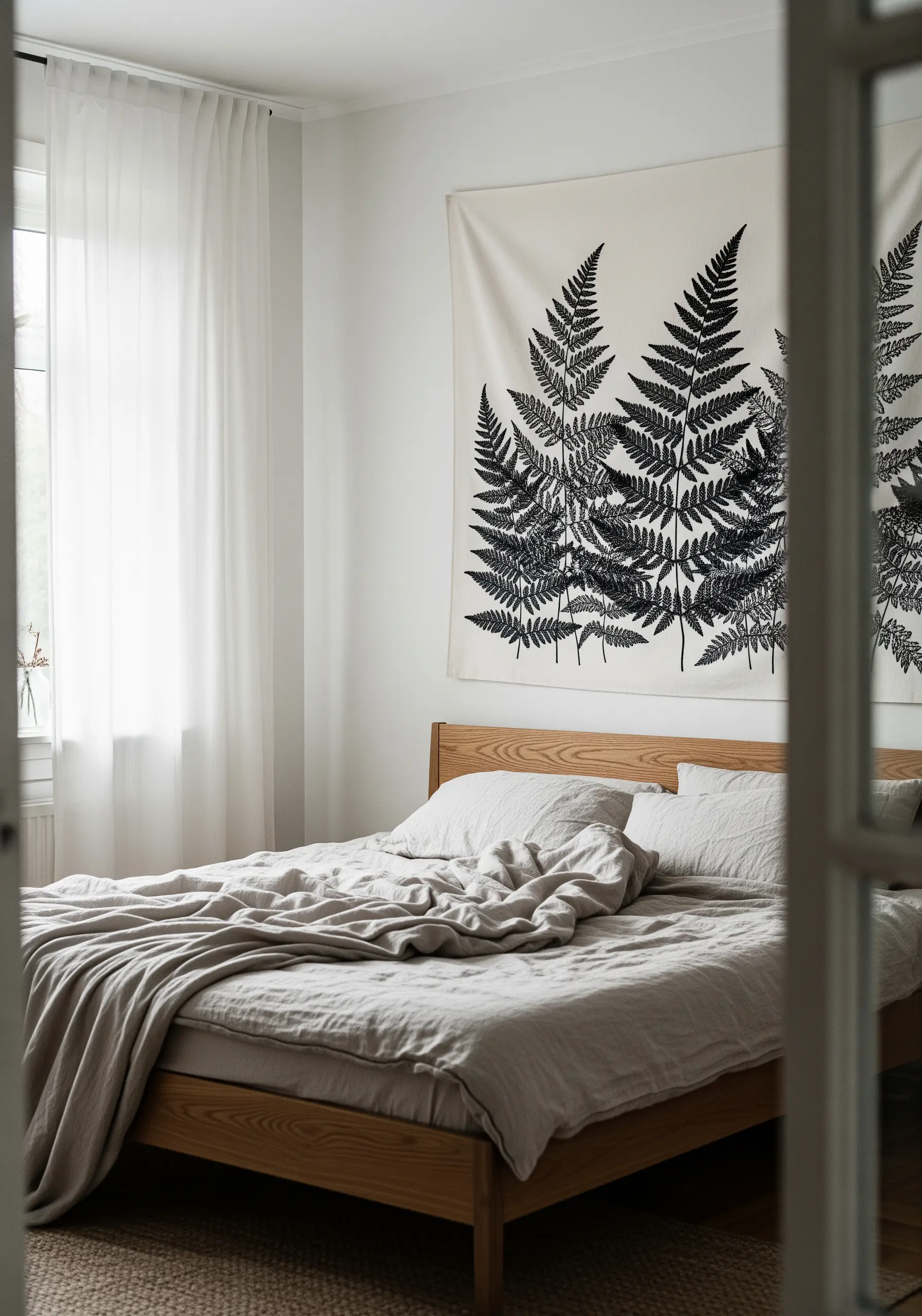 Large monochrome embroidered fern tapestry hanging above a bed with linen sheets.