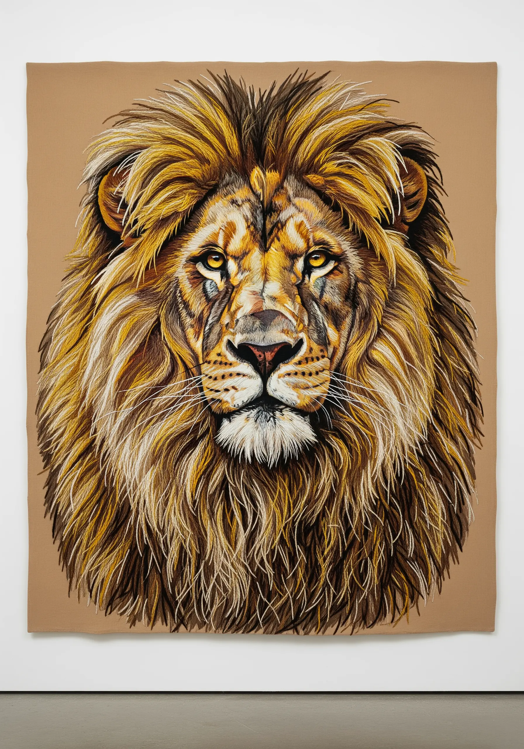 A powerful, realistic embroidered portrait of a lion, focusing on its voluminous mane.