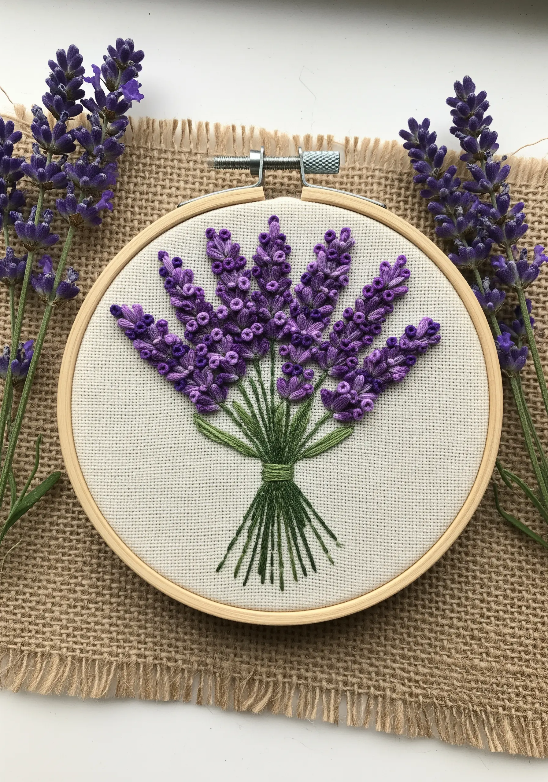 A dense bouquet of embroidered lavender using purple bullion knots in a hoop.