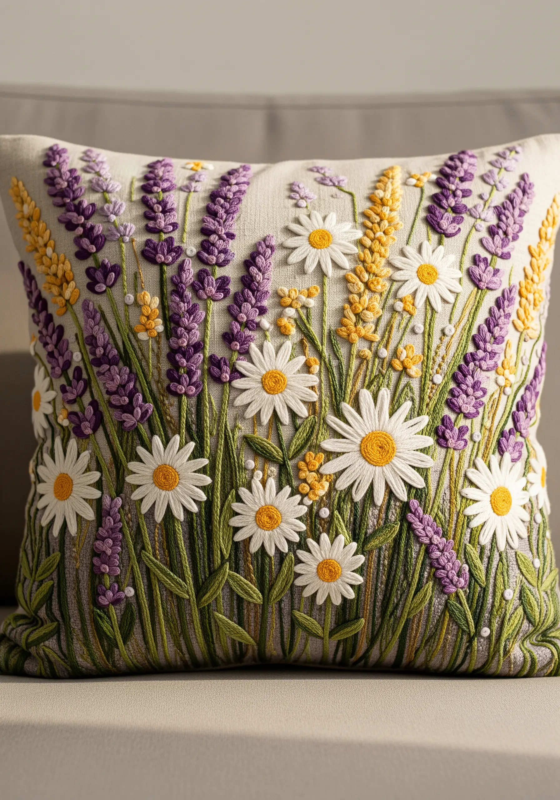 A linen pillow densely embroidered with a field of daisies, lavender, and other wildflowers.