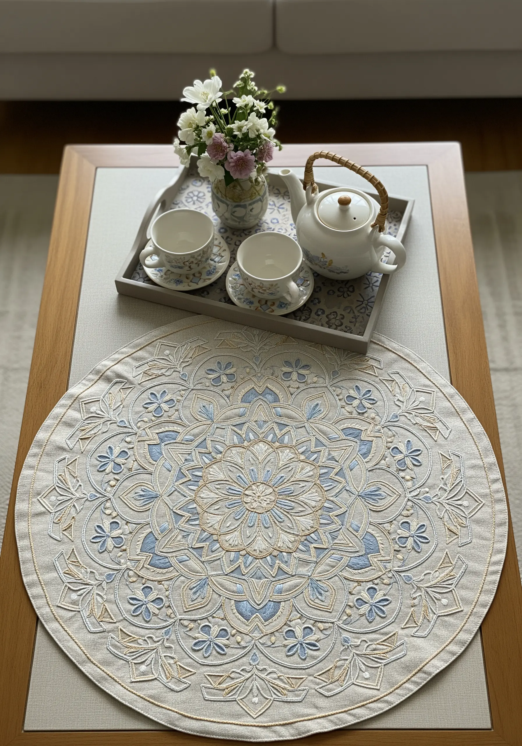 A round linen placemat or centerpiece embroidered with an intricate mandala in blue and cream.