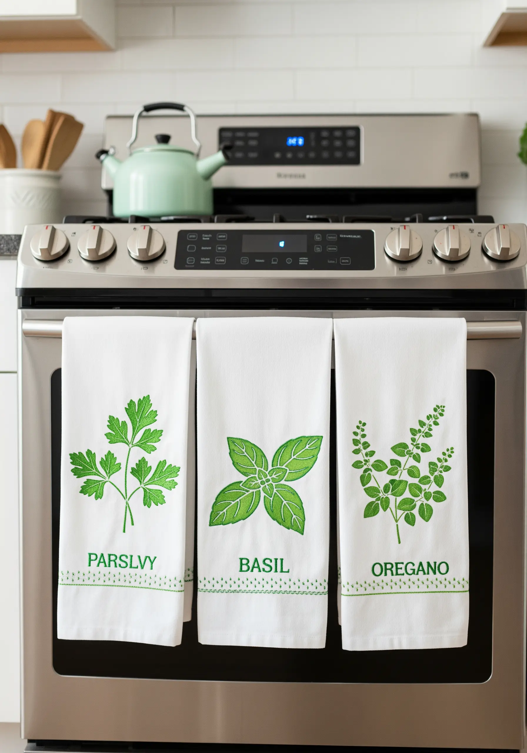Three kitchen towels with minimalist green line-art embroidery of herbs