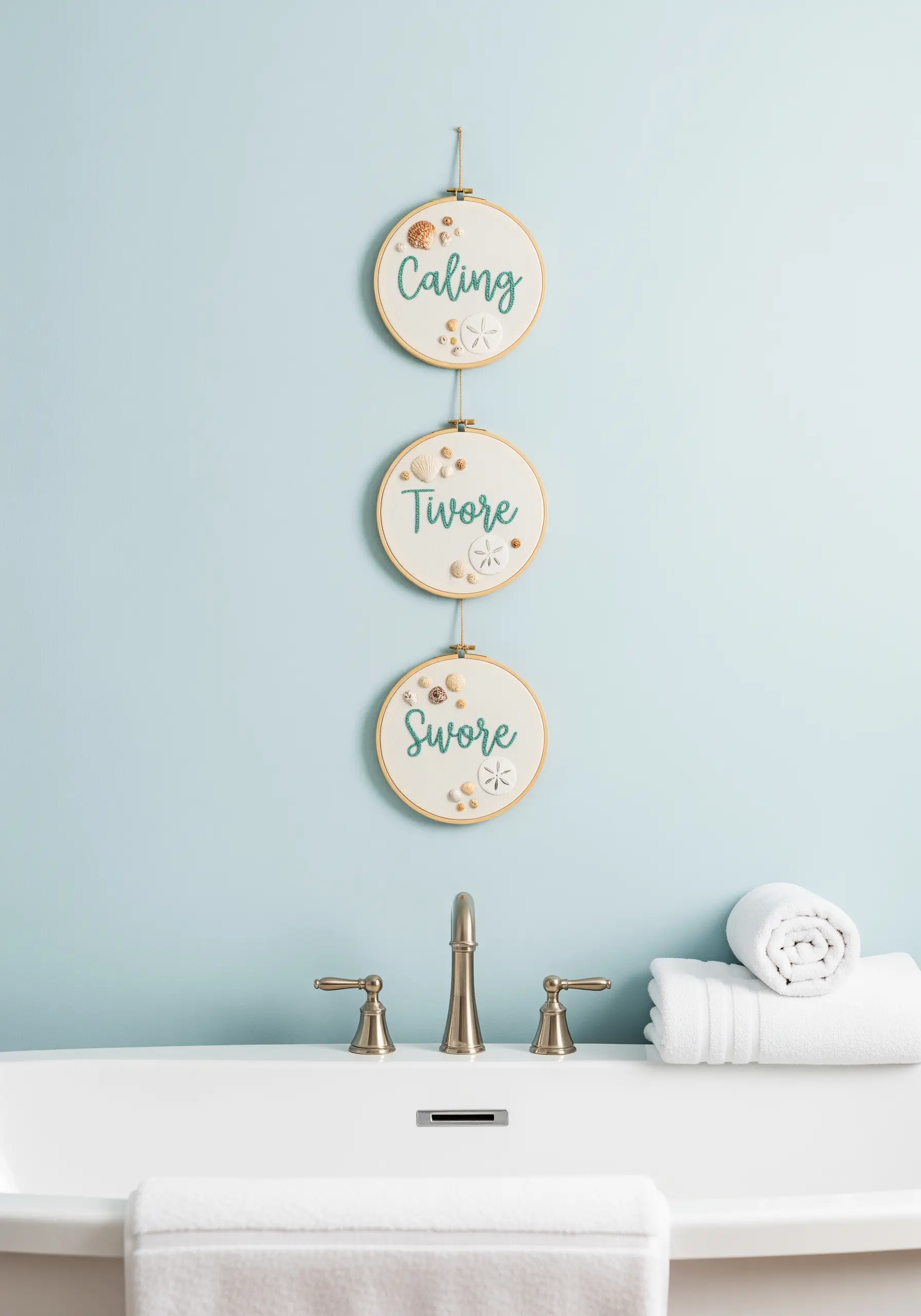 A vertical series of three small embroidery hoops with coastal words.