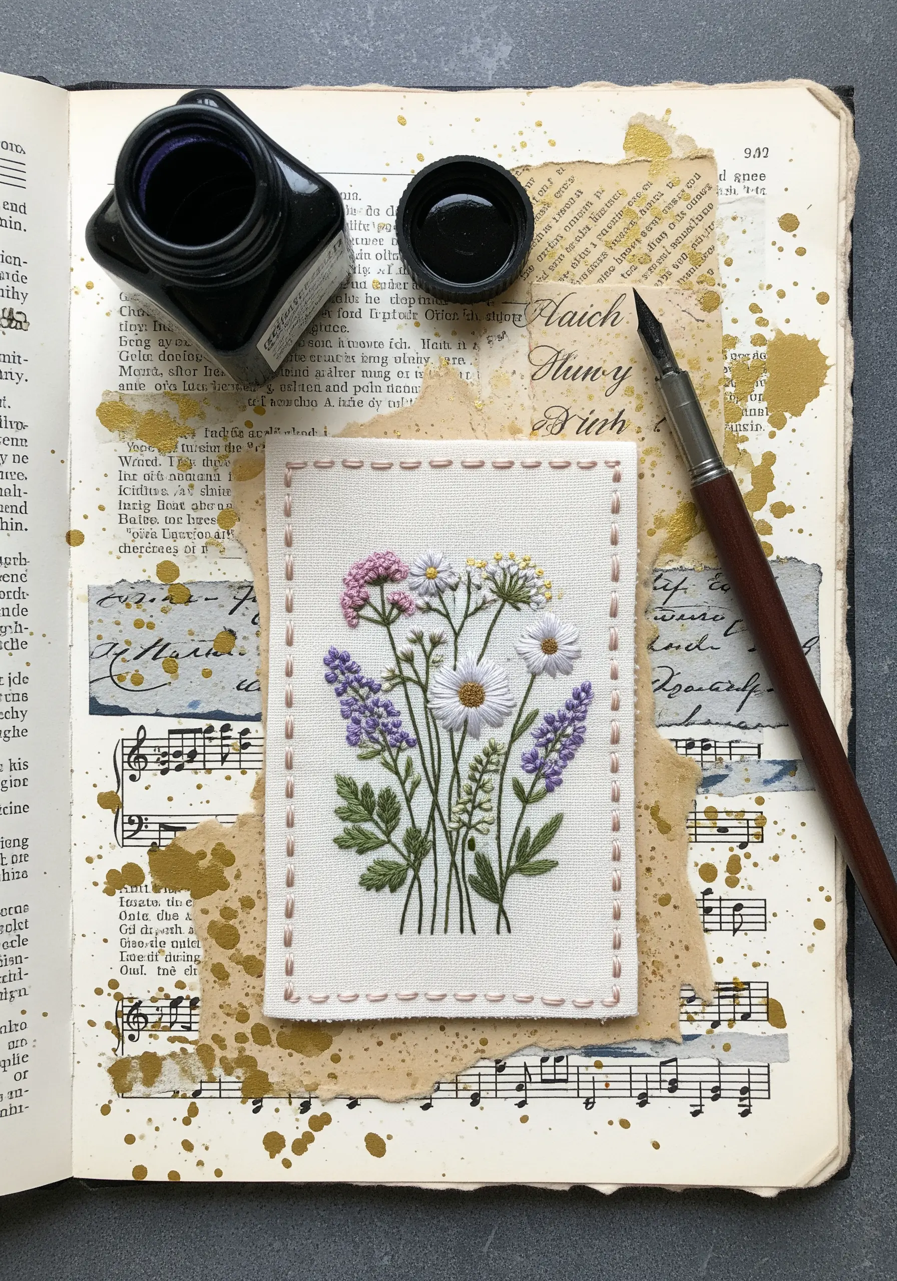 An embroidered wildflower bouquet on torn-edge fabric, layered over vintage sheet music with ink splatters.