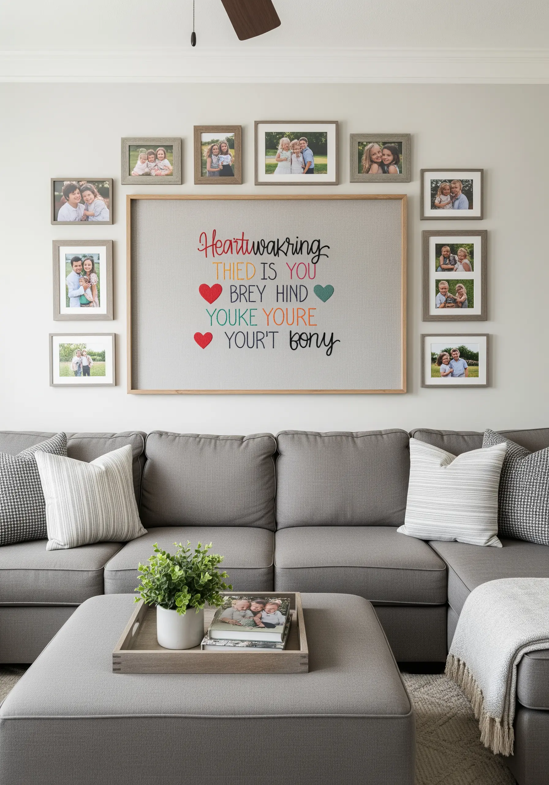 Large framed embroidery with a colorful handwritten quote, centered on a photo wall.