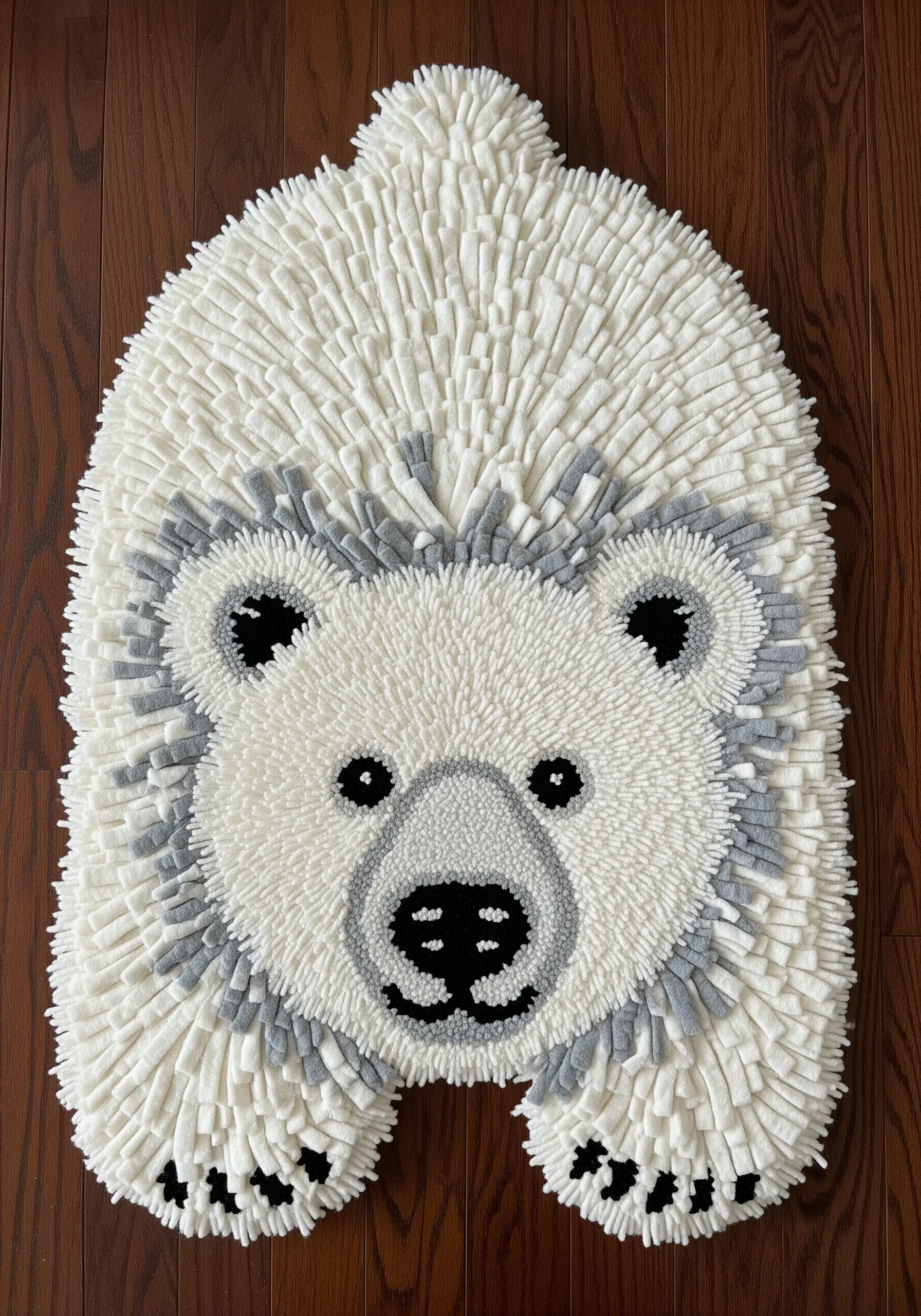 A latch hook rug in the shape of a polar bear's head, with a thick, shaggy white pile.