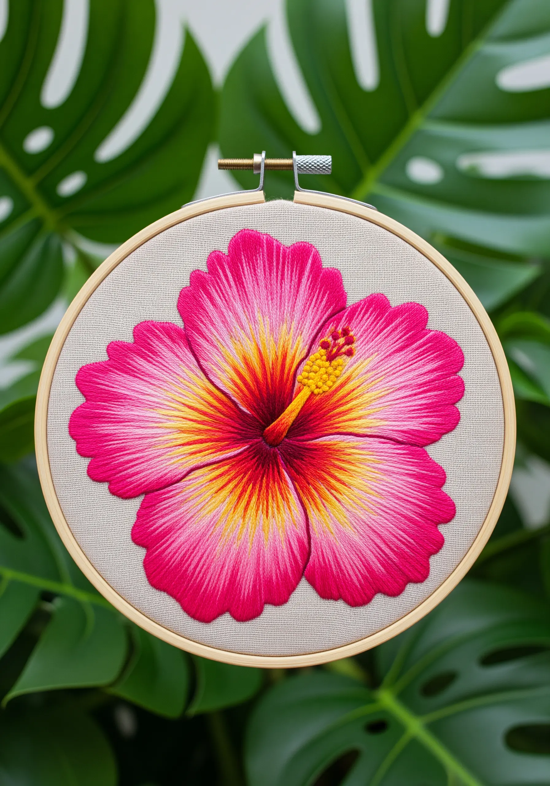 A vibrant pink and yellow hibiscus with a radial gradient, stitched on neutral fabric.