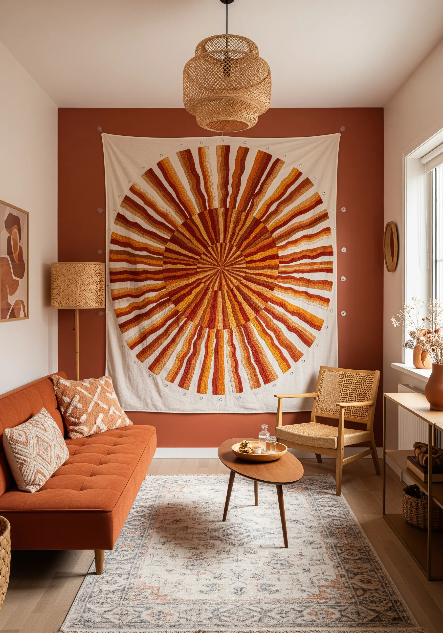 A large circular sunburst embroidery with radiating lines in shades of orange, yellow, and red.