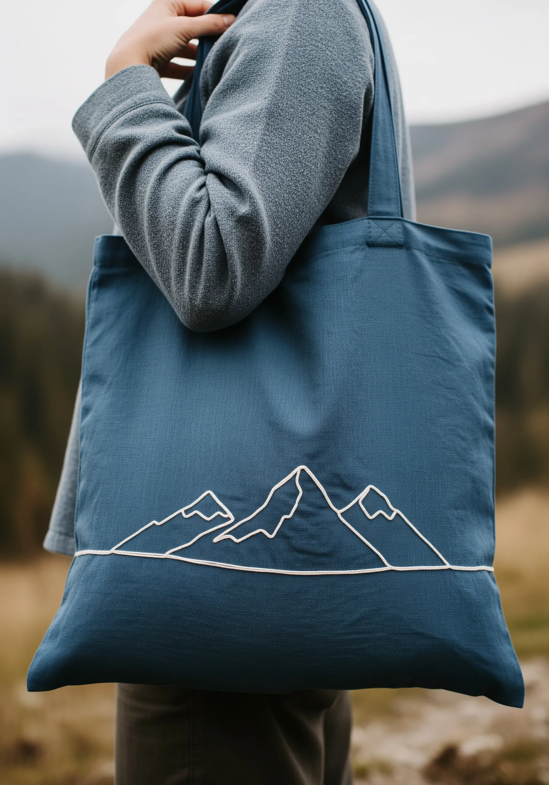 Minimalist mountain range outline created with a thick, raised white thread on a blue tote.