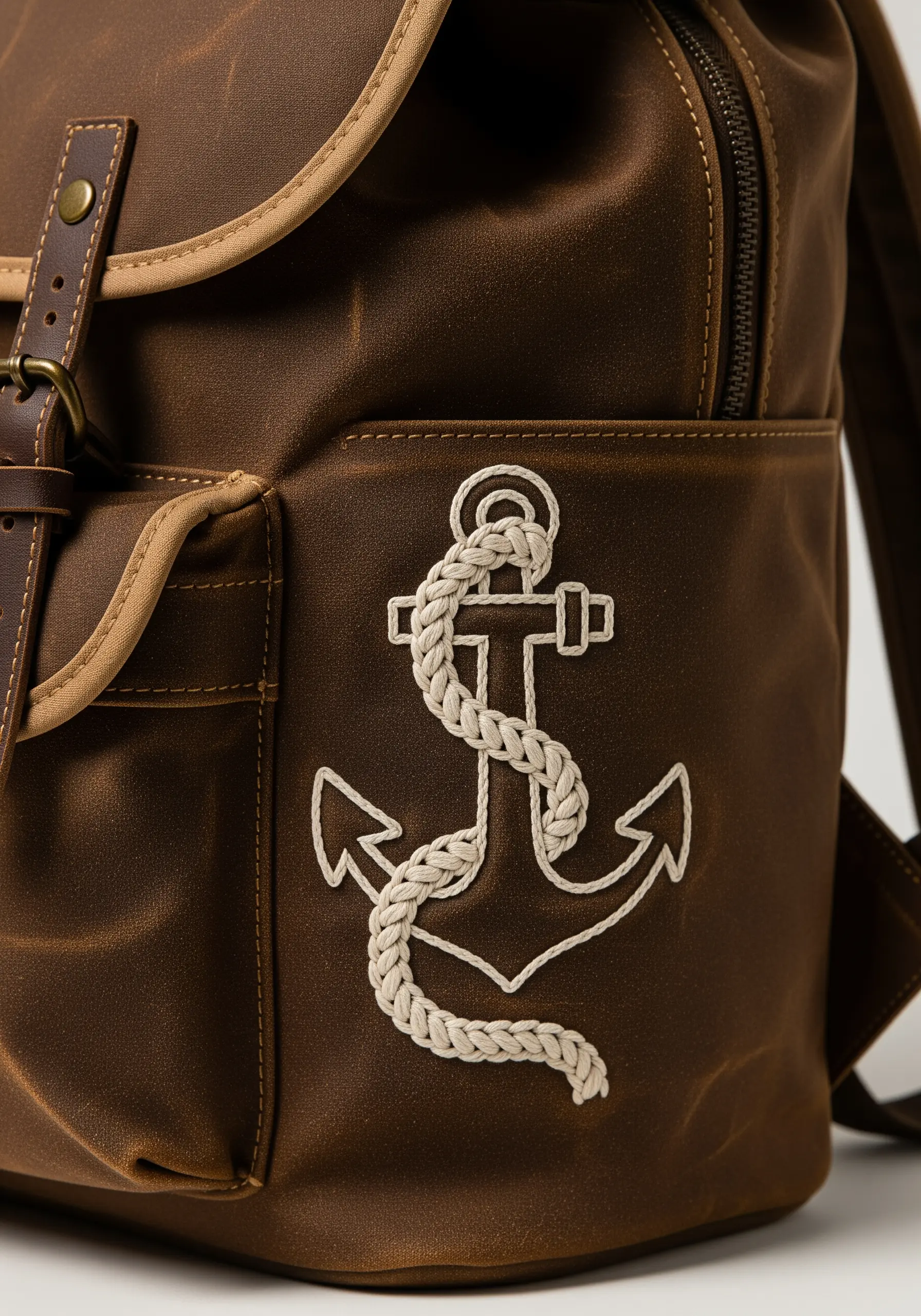 An embroidered anchor on a brown waxed canvas backpack, with a dimensional, textured rope.