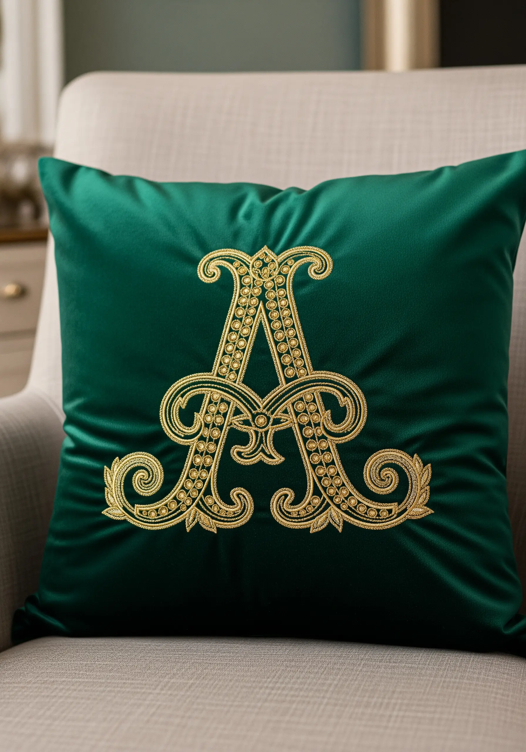 Ornate gold embroidered letter 'A' on a dark green satin pillow.